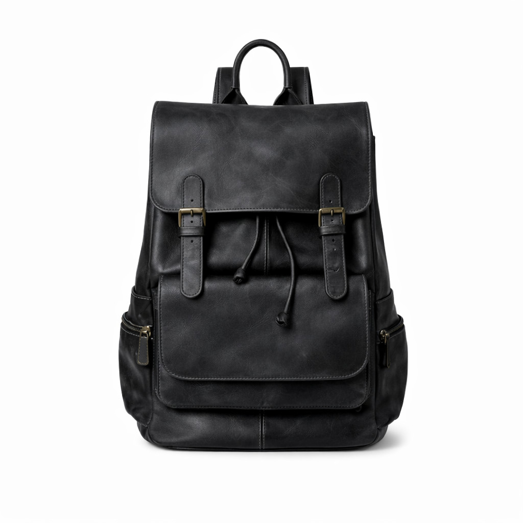 Vintage Leather Backpack Travel Office School Bag Brass Buckles Zippered Pockets
