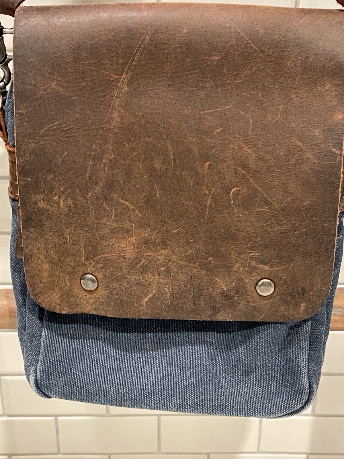 United Leather Messenger Cross Bag Blue Canvas Brown Leather Thick Strap
