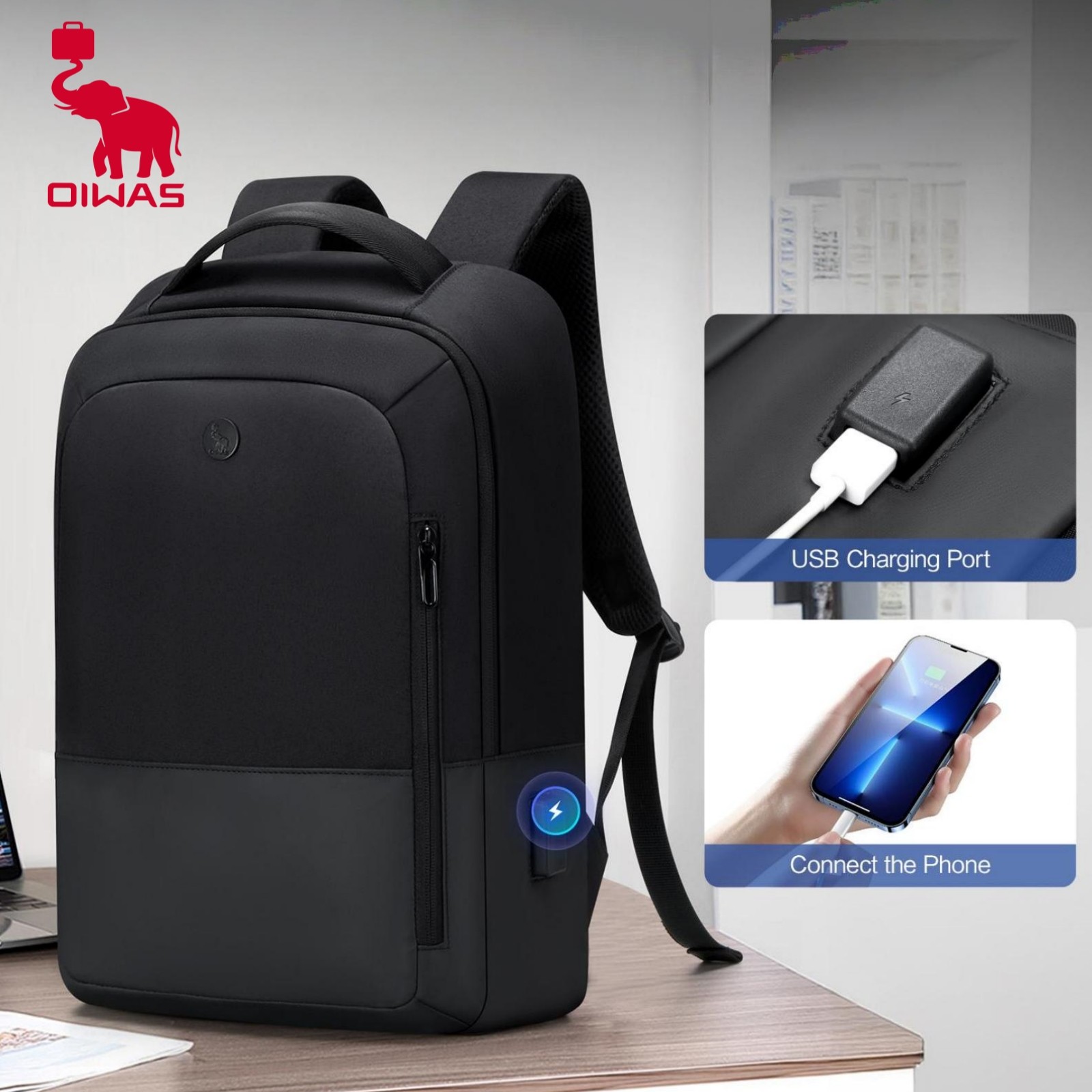 OIWAS Men Classic Backpack Waterproof 15.6″ Laptop Backpack Black with USB Port