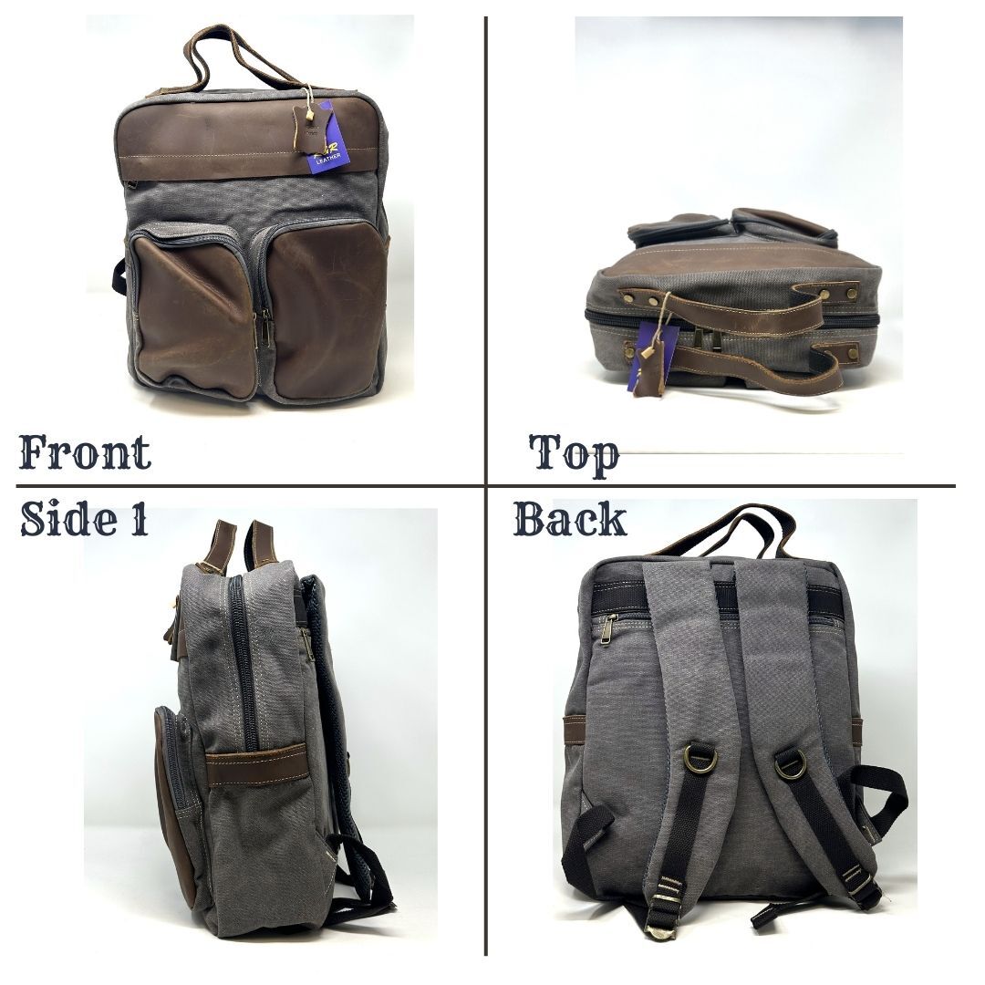 R&R Leather and Canvas Laptop Backpack Bag – Dark Grey