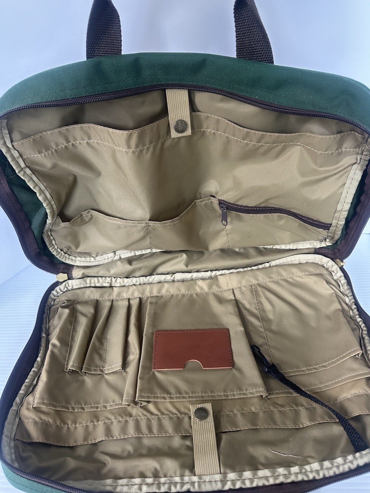 LL Bean Vintage Canvas/Leather Briefcase Laptop Bag Green Embroidered , No Strap