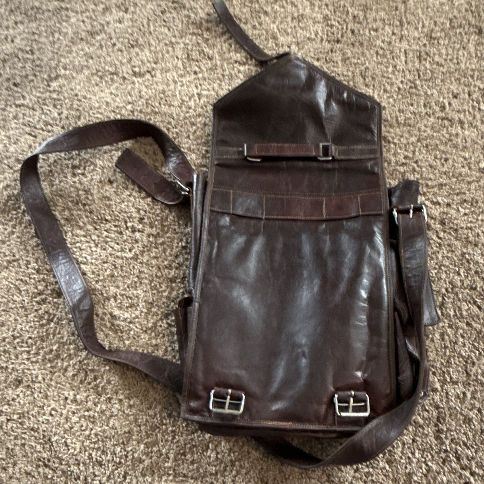 Brown Messenger Shoulder Bag Buckle Flap Zip Closure Adjustable Strap Pockets