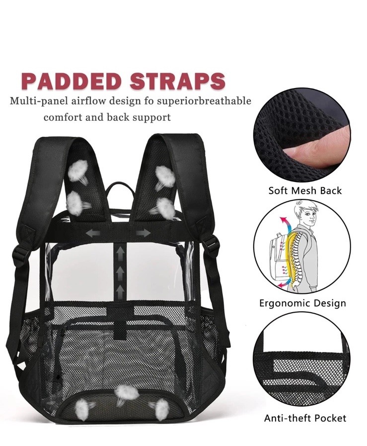 Clear Backpack, 15” Clear/Black Backpacks for School Heavy Duty See Through New