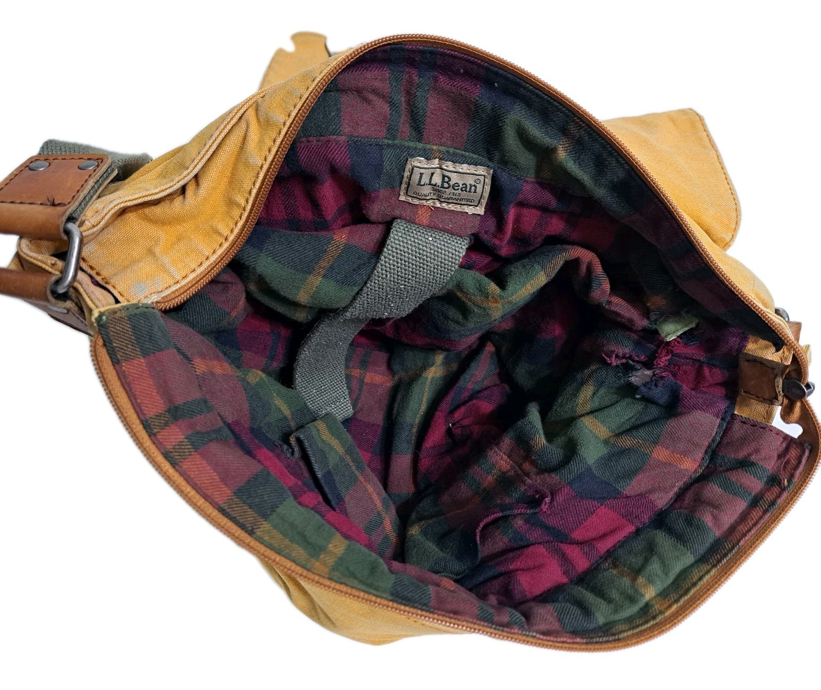 LL Bean Canvas Messenger Bag Distressed Plaid Lined Vintage Army School Travel