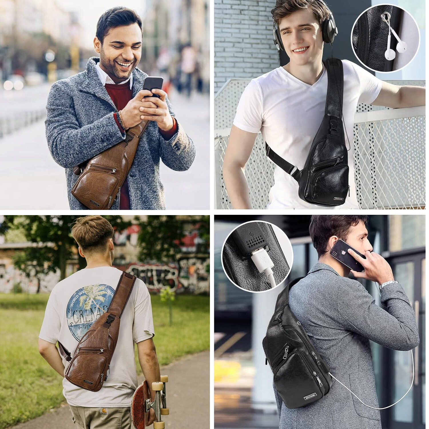 Men’s Leather Chest Bag Crossbody Bag Fashion with USB Port Sports Casual Bag