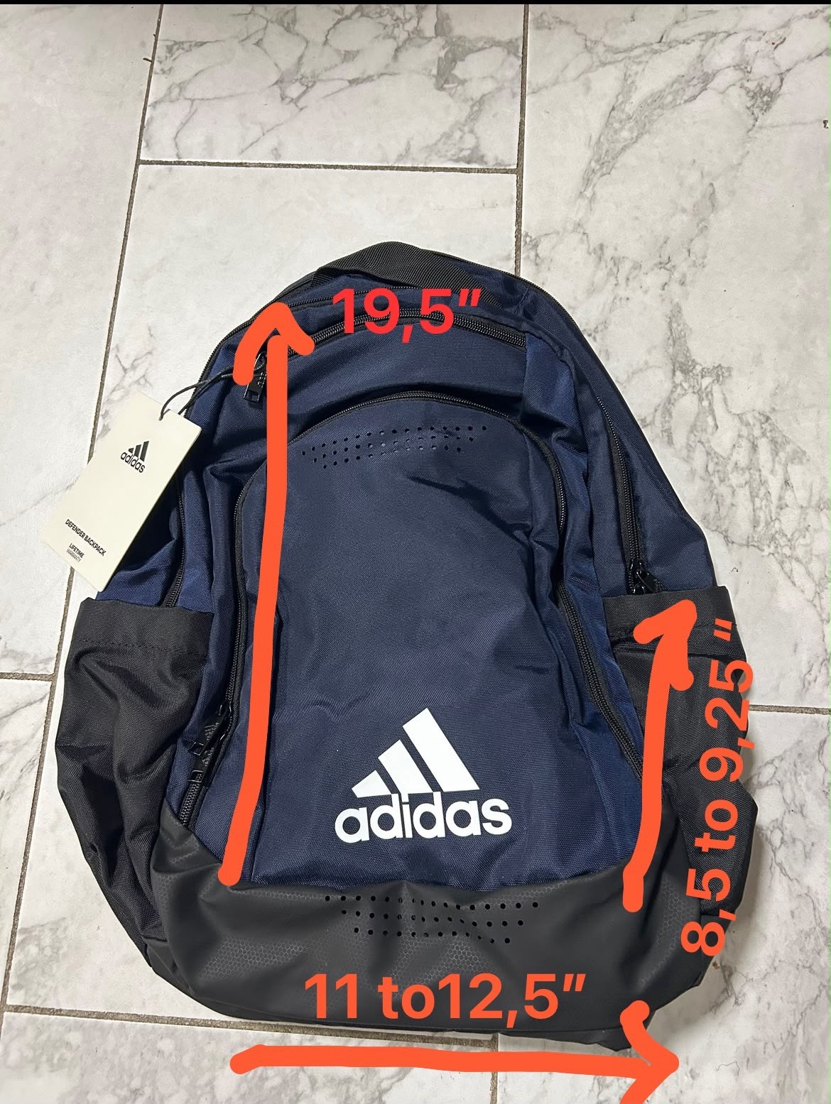 Adidas Defender Backpack Navy Blue 19.5”x11 to 12.5” x 8.5” to 9.25” 33to34L