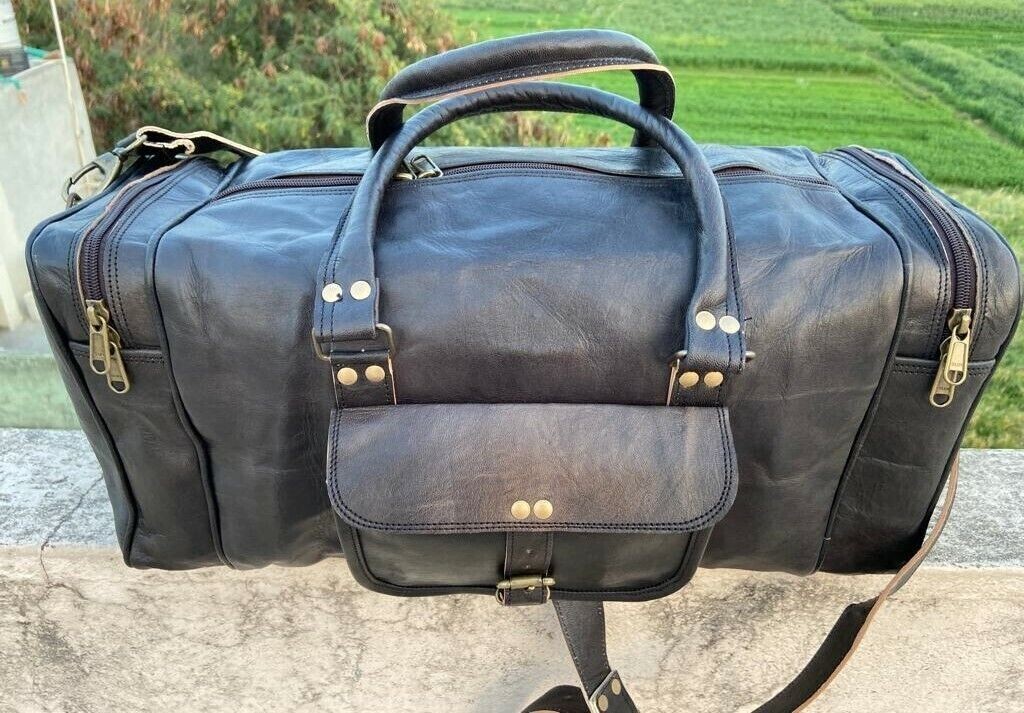 Large BLACK Duffle Men Genuine Leather Travel Luggage Gym Weekend Overnight Bag
