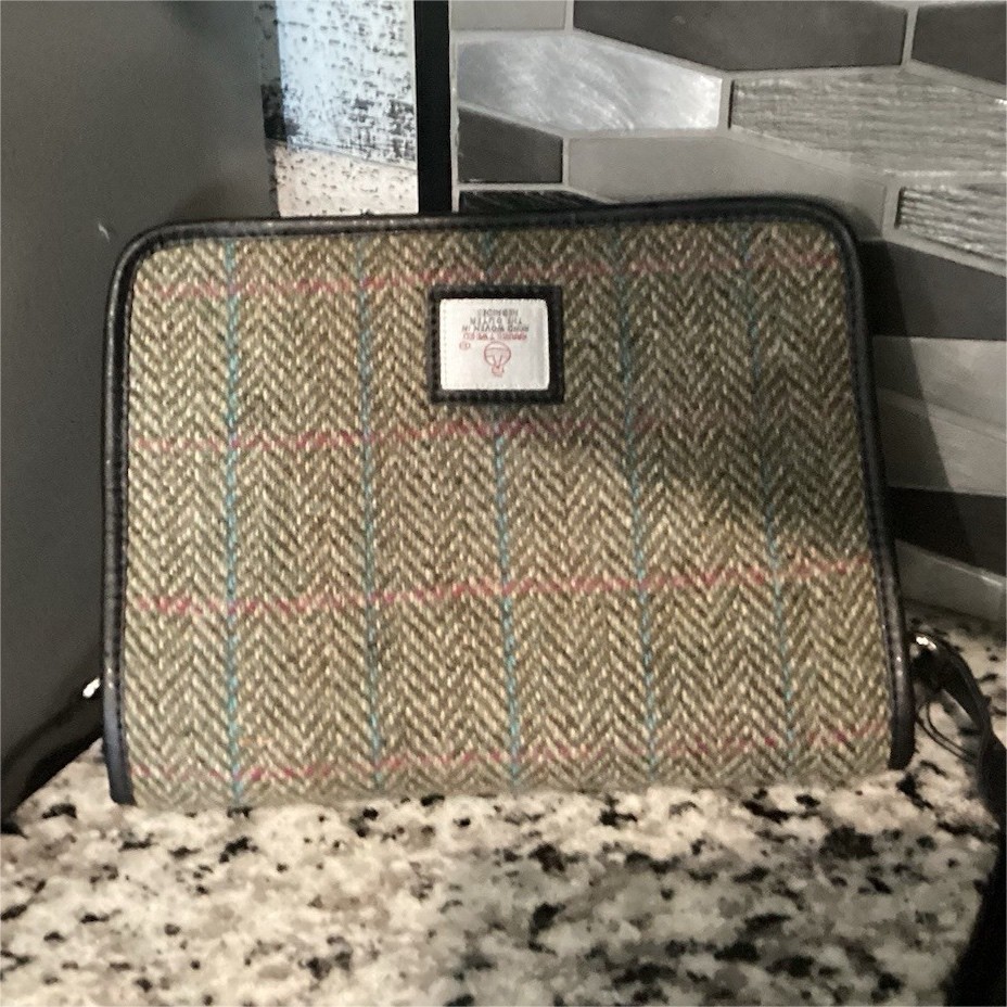 Harris Tweed Herringbone Crossbody Bag Brown/Green Zip Closure Leather Strap