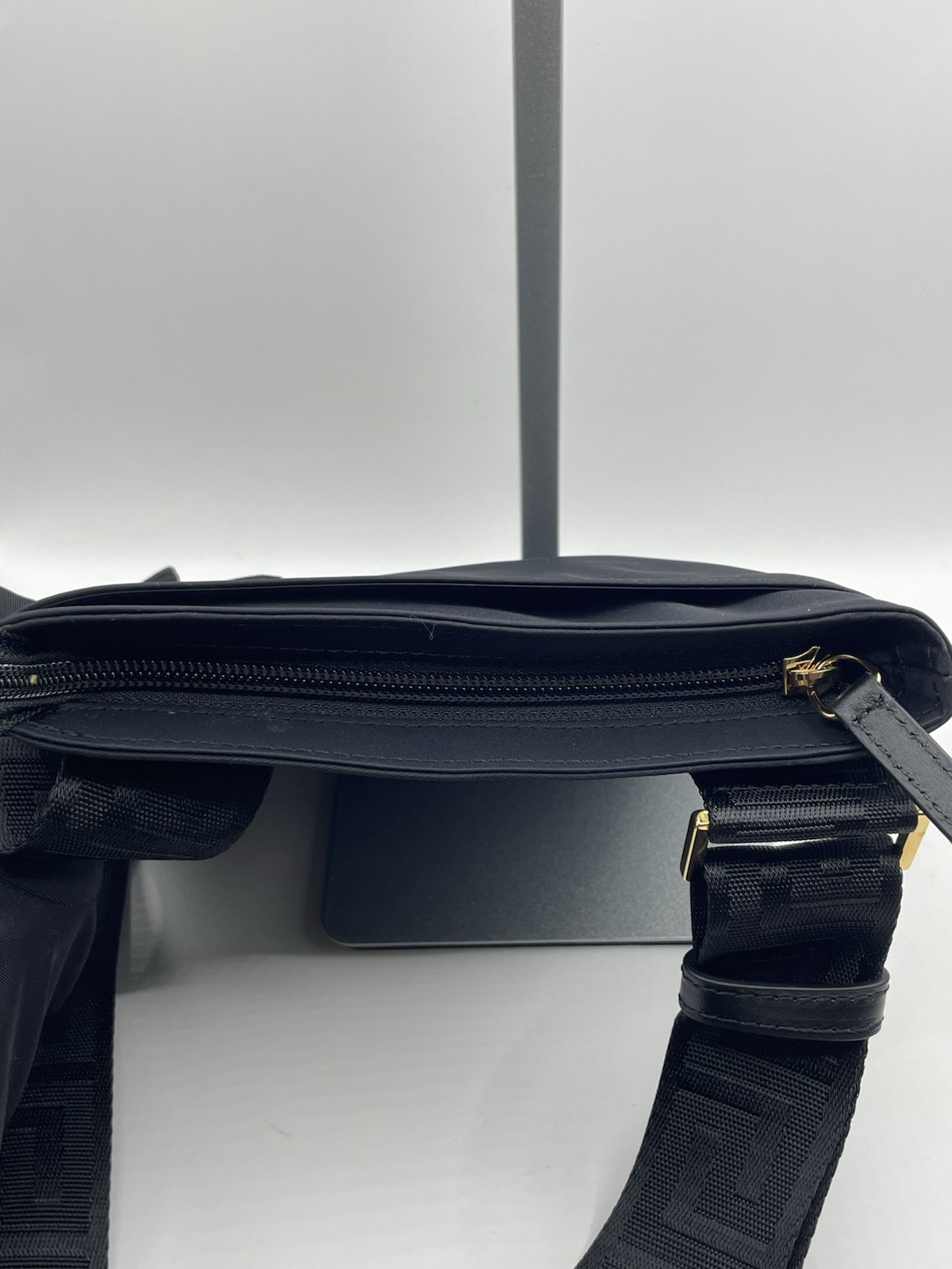 VERSACE Flat Crossbody Bag Fabric Calf Leather Black $850 Retail