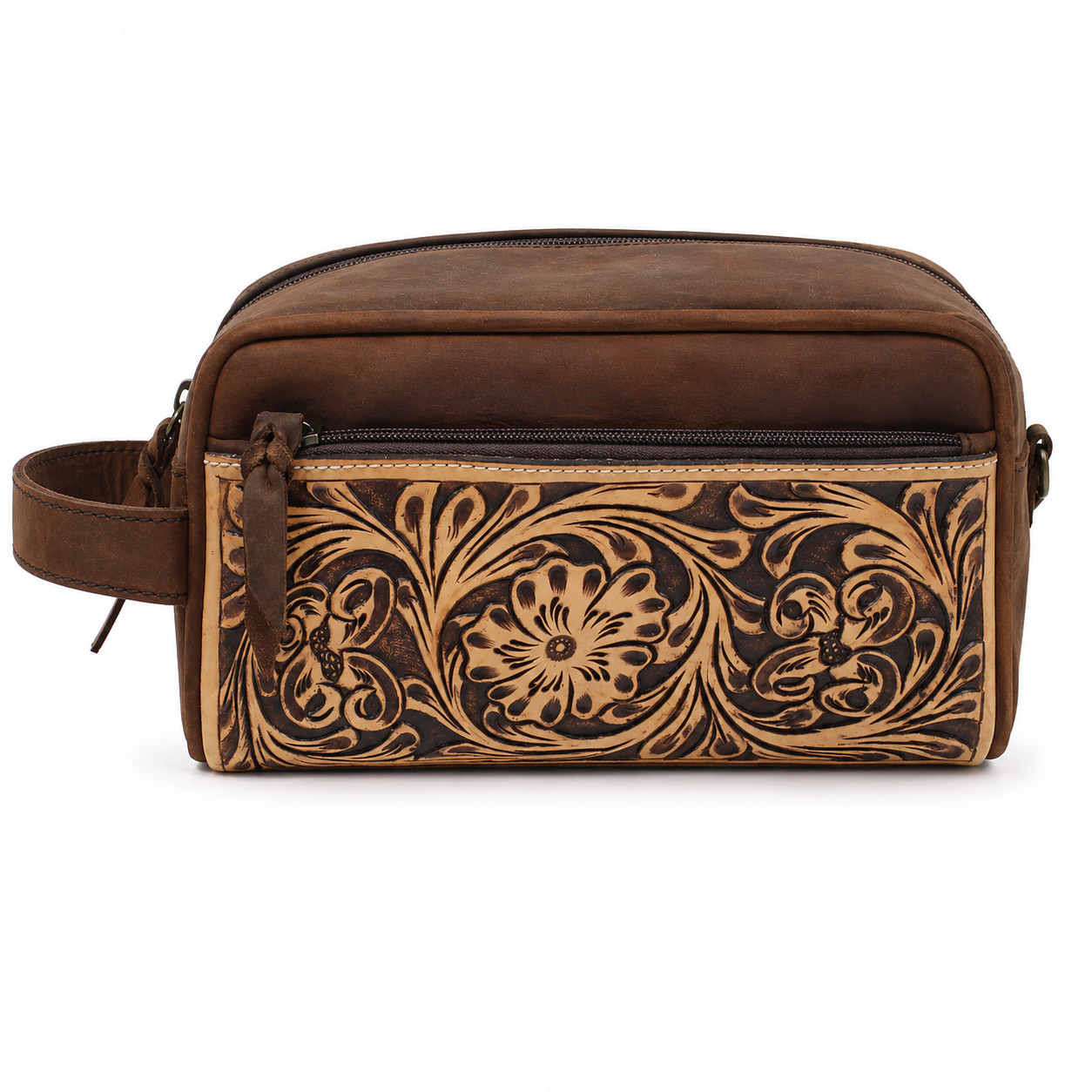 Men’s Distressed Floral Tooled Leather Travel Toiletry Dopp Kit Bag 18RTT01BR