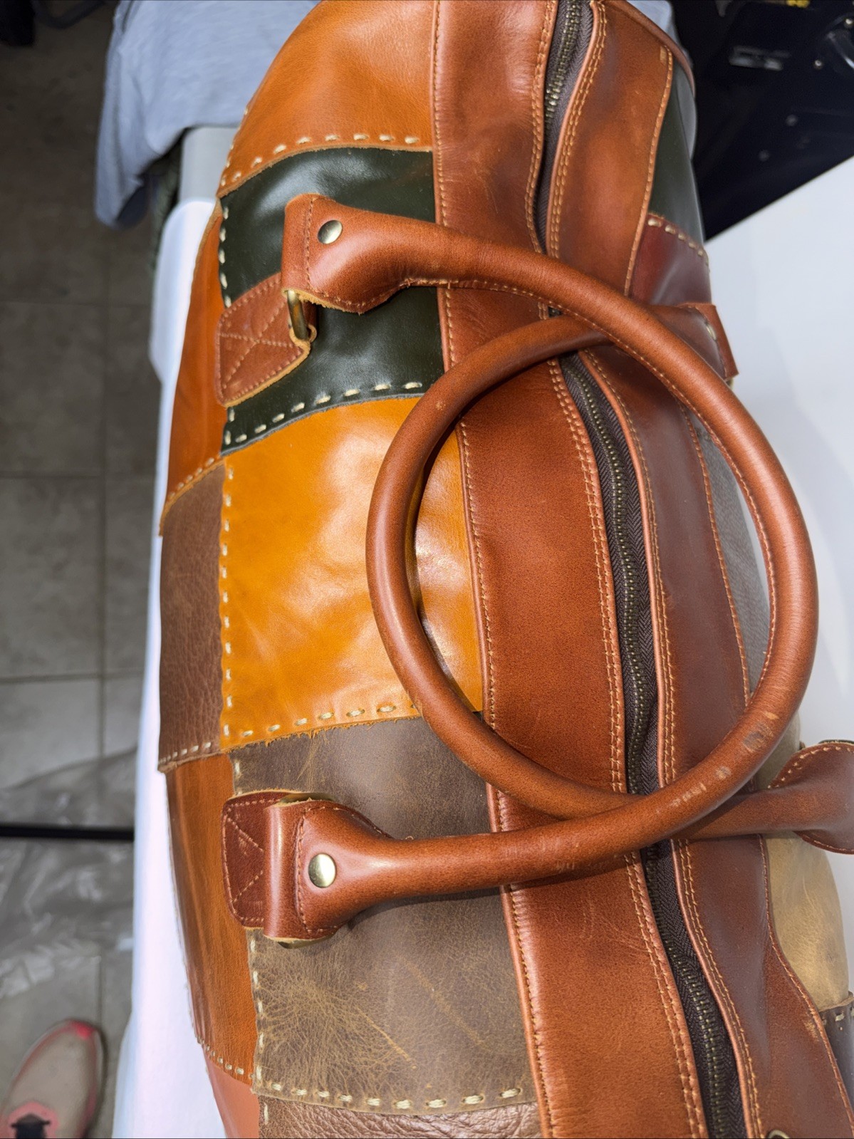 Vintage Patchwork Genuine Leather Duffle Bag / Weekender Travel Bag Handmade