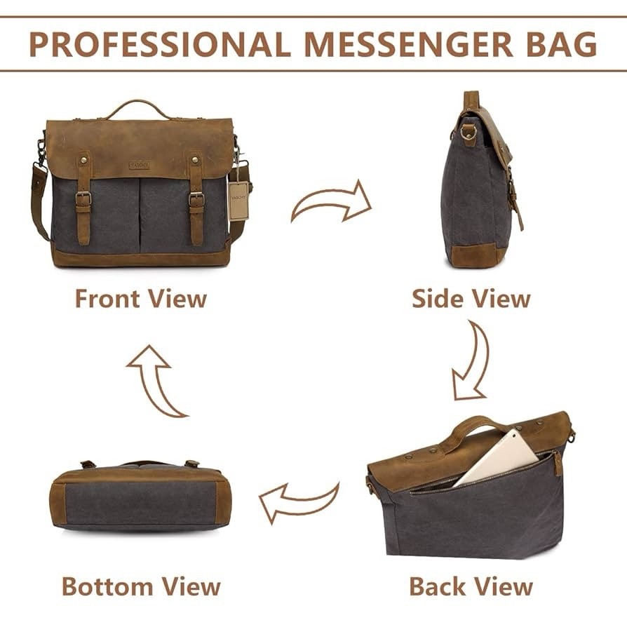 VASCHY Leather Canvas Messenger Bag for Men,15.6 inch Laptop Vintage Satchel