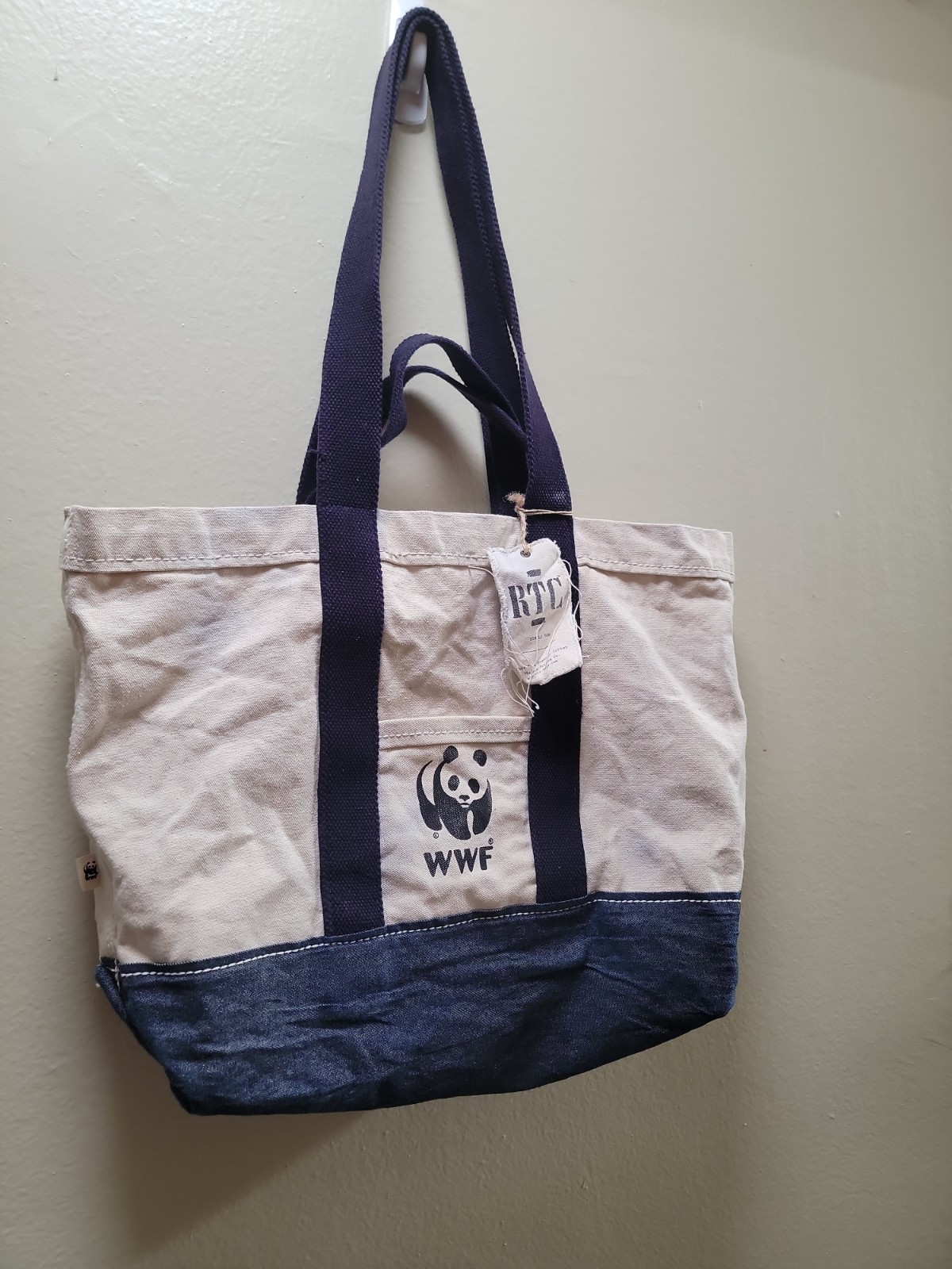 VTG WWF World Wildlife Found Panda Heavy Canvas/Denim Shoulder Tote Bag 21″Large