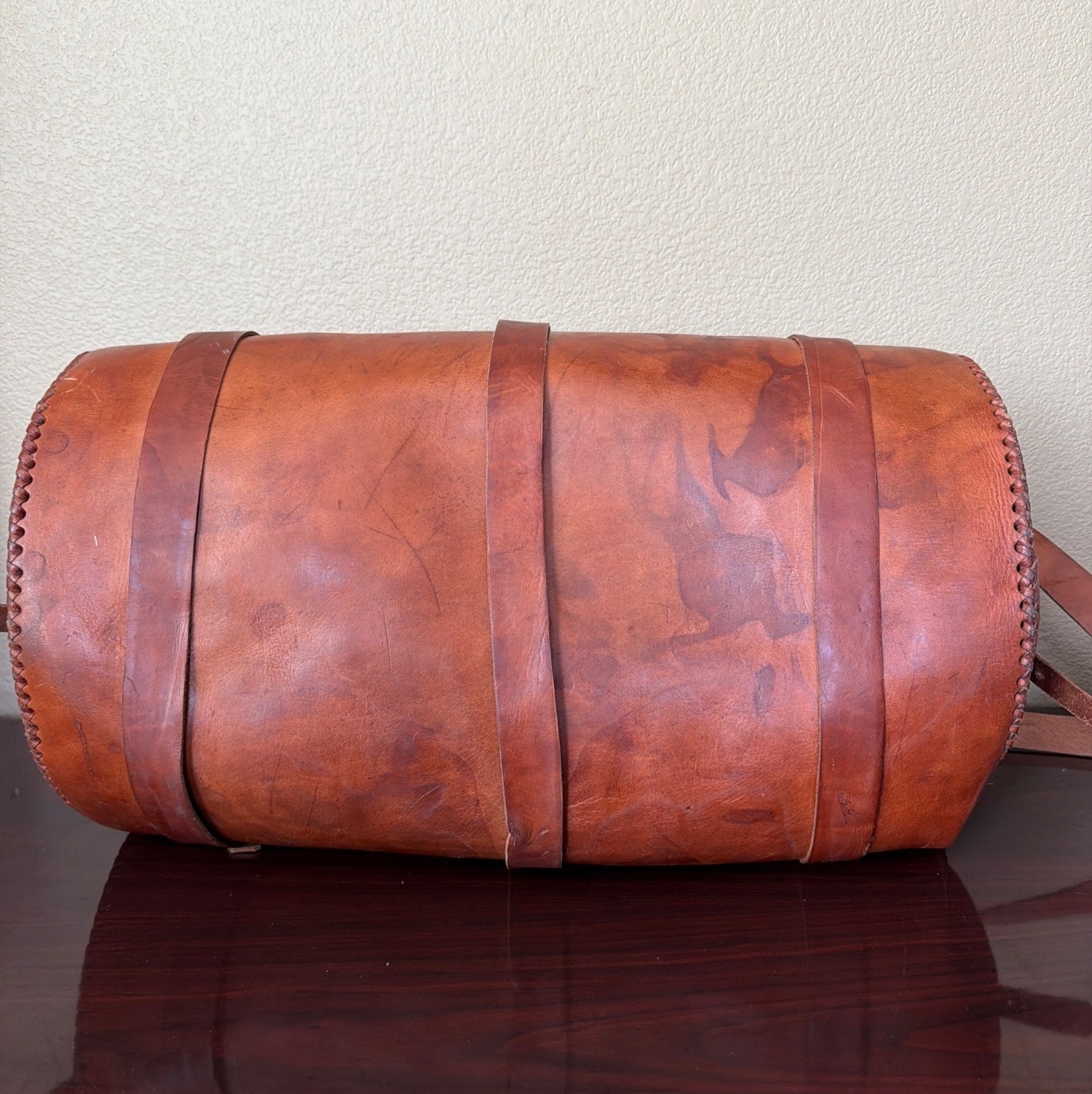 Vintage Handmade Full Grain Cognac Leather Duffel Barrel Travel Bag 20″