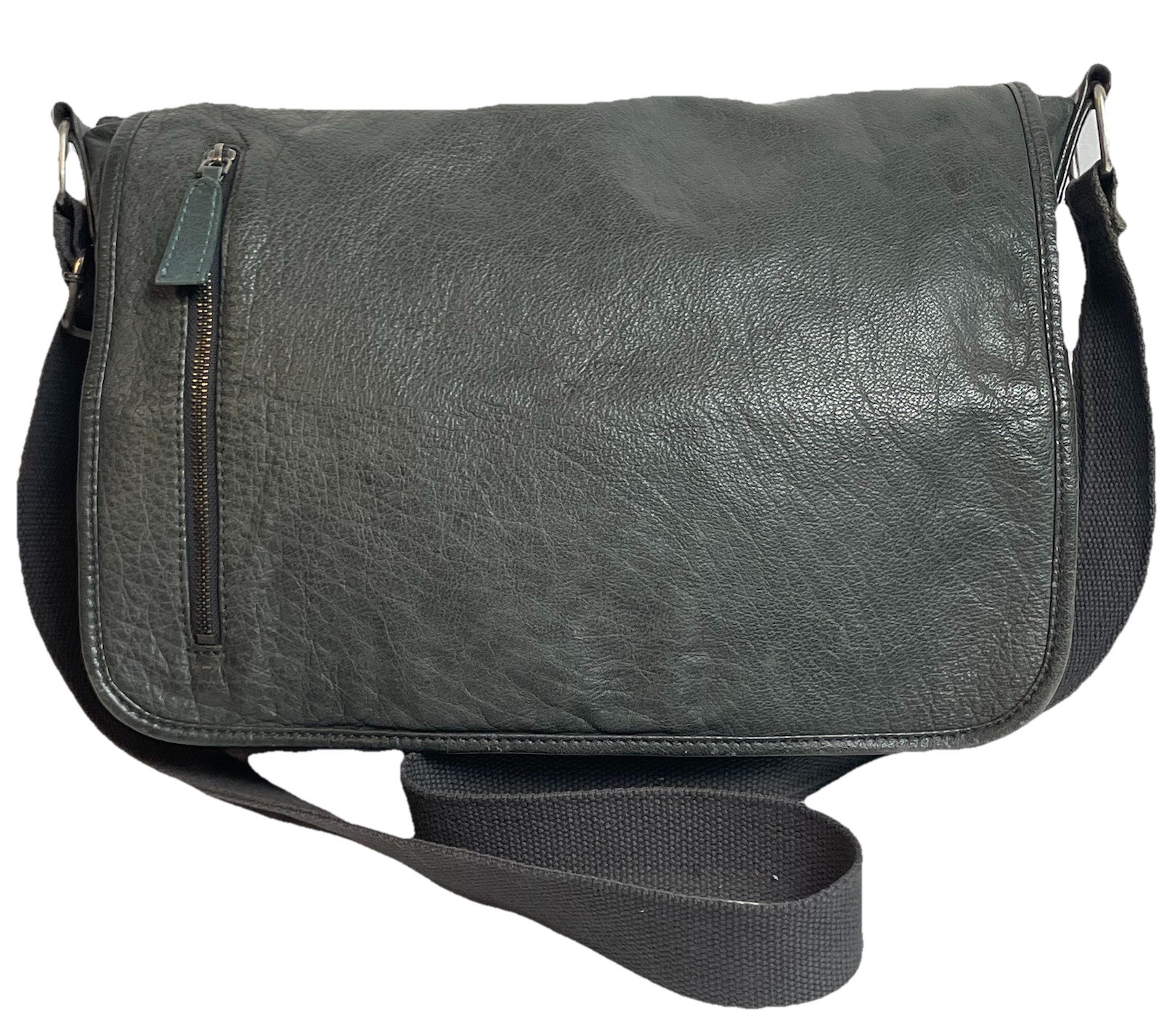 Genuine Leather Messenger Laptop Bag Greenish Gray Adjustable Strap Large