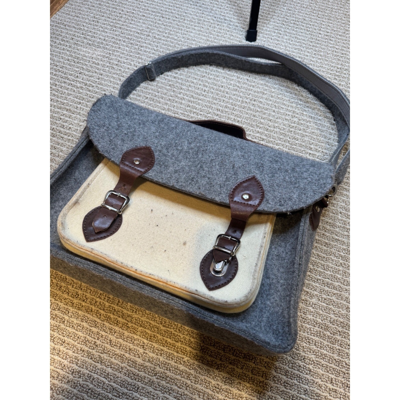 Grey Felt Satchel Messenger Bag Two Tone Buckle Strap Shoulder Bag