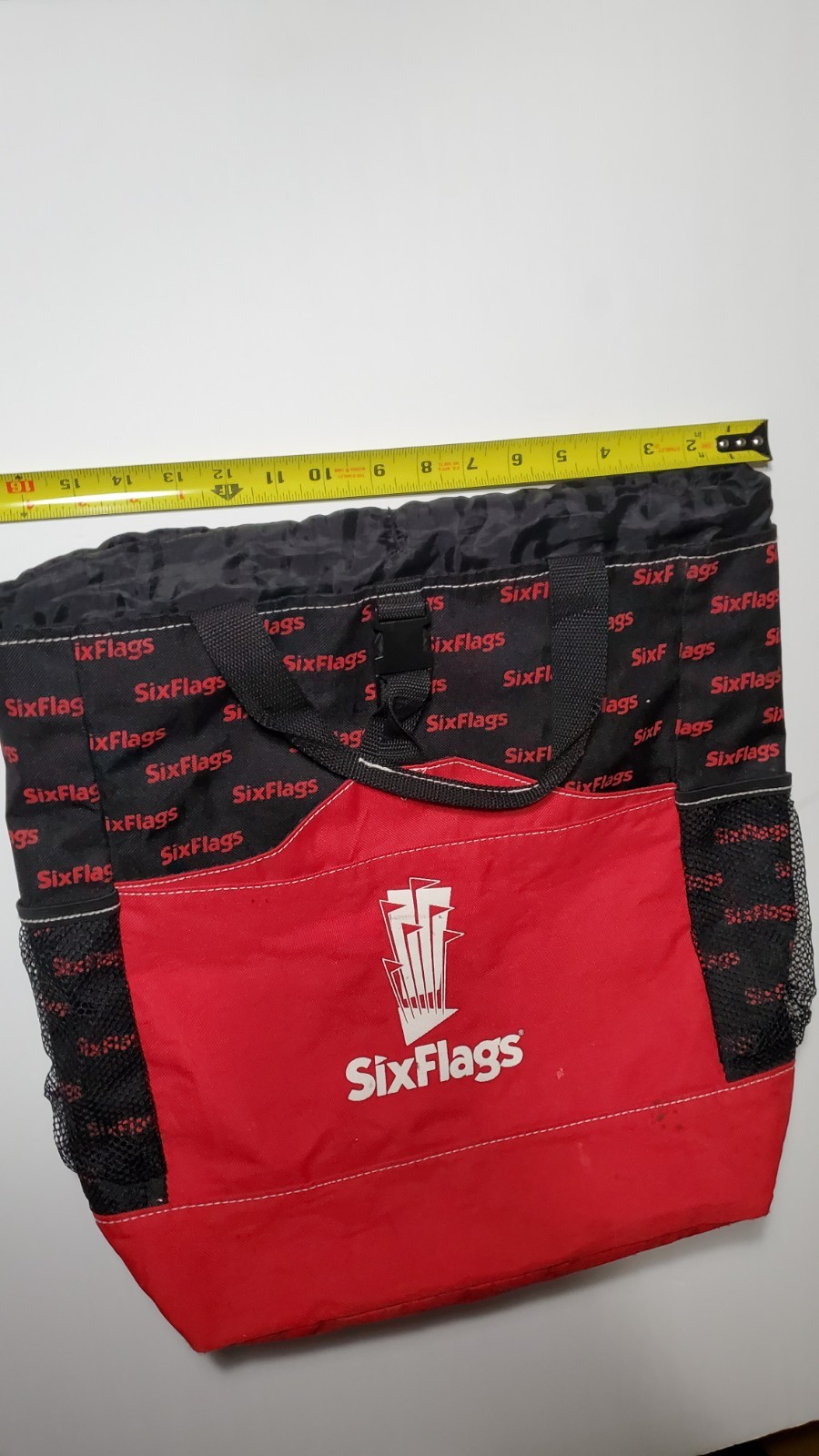 Vintage Six Flags Red & Black Tote Bag / Backpack Approximately 17″ X 14″