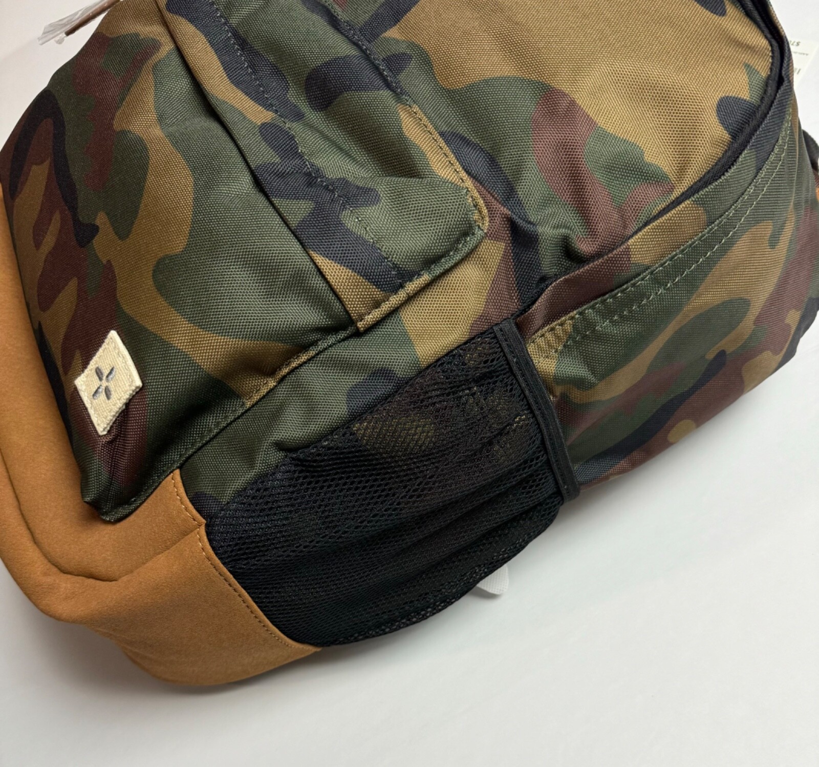 Sun + Stone Riley Green Brown Camouflage Faux Suede Backpack