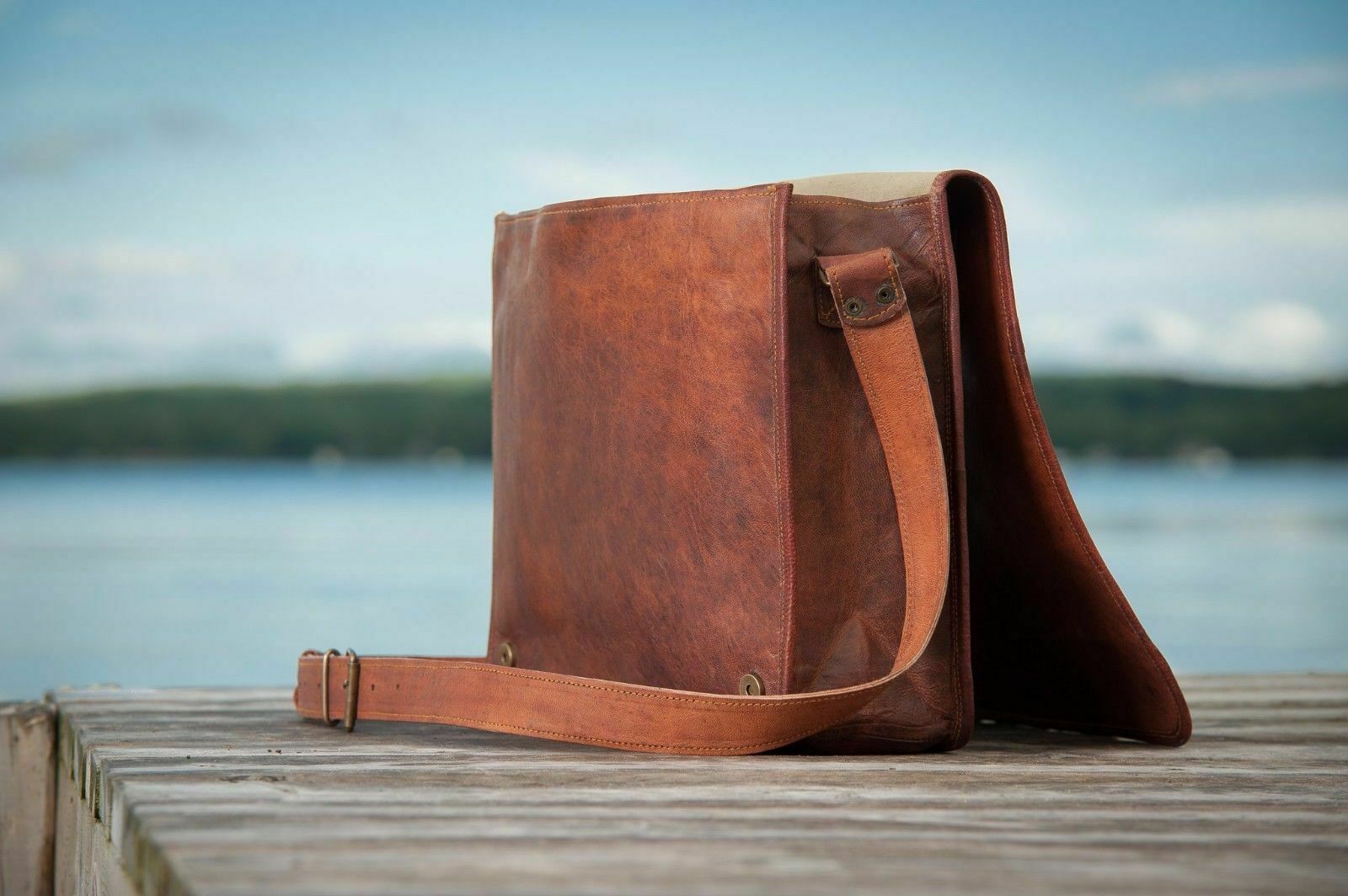 IPAID Full Flap Vintage look Brown Leather r Laptop Satchel 11″ Shoulder Bag