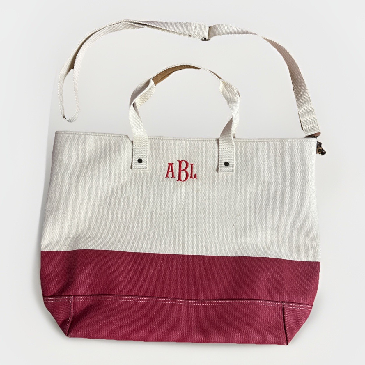 LL Bean Boat & Tote Zip Top Bag Canvas Ivory/Red L/XL Teacher Beach Leather Trim