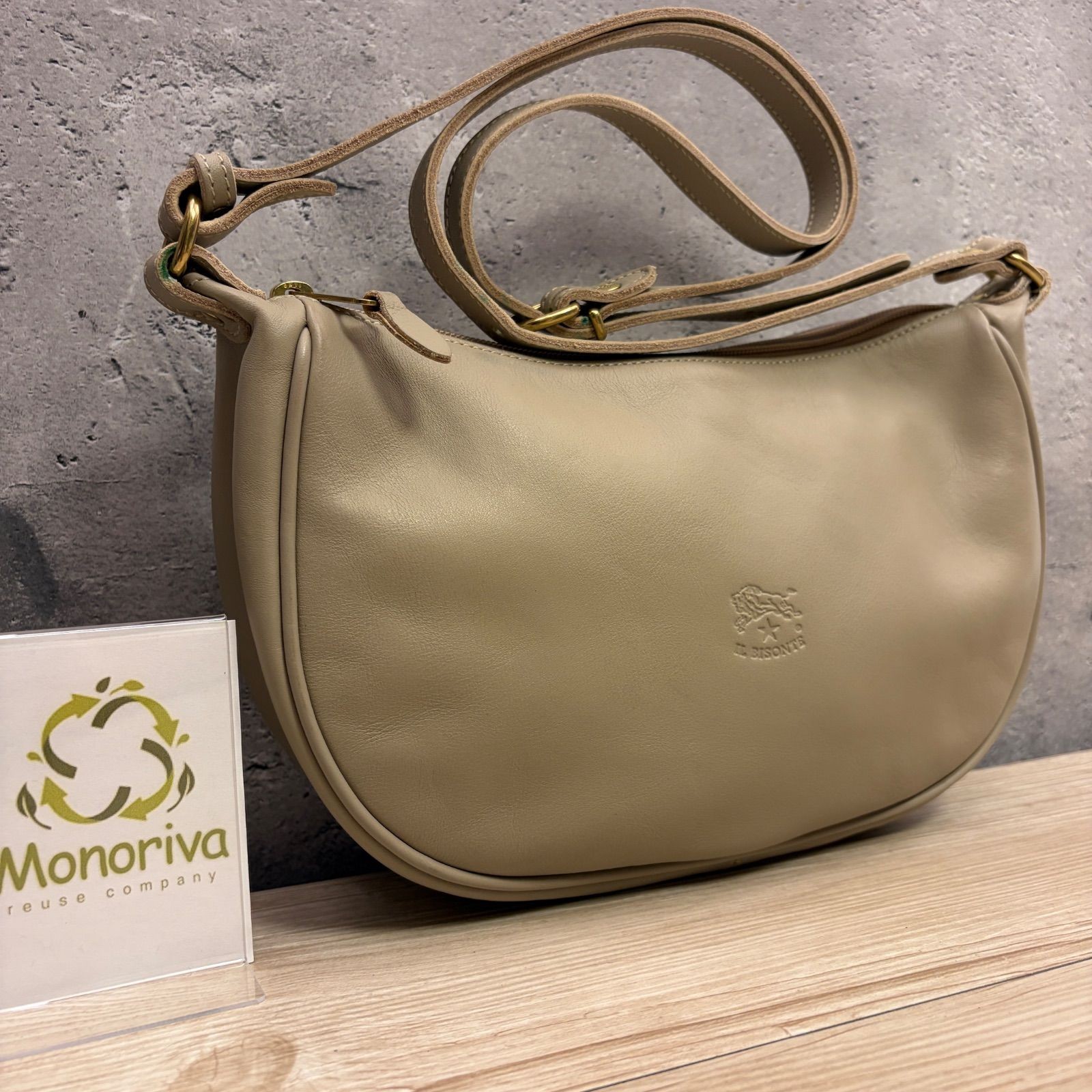 IL BISONTE Half Moon Shoulder Bag Leather Gray Beige Pre-owned Authentic