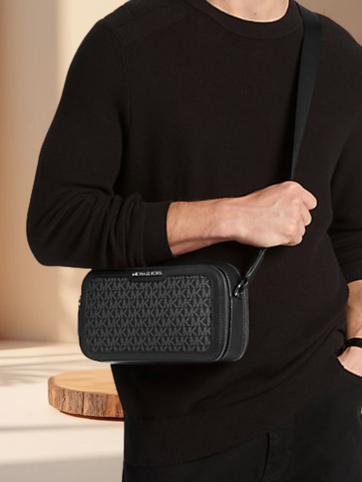 Michael Kors Cooper Men Signature Logo Double Zip Long Crossbody Bag Black