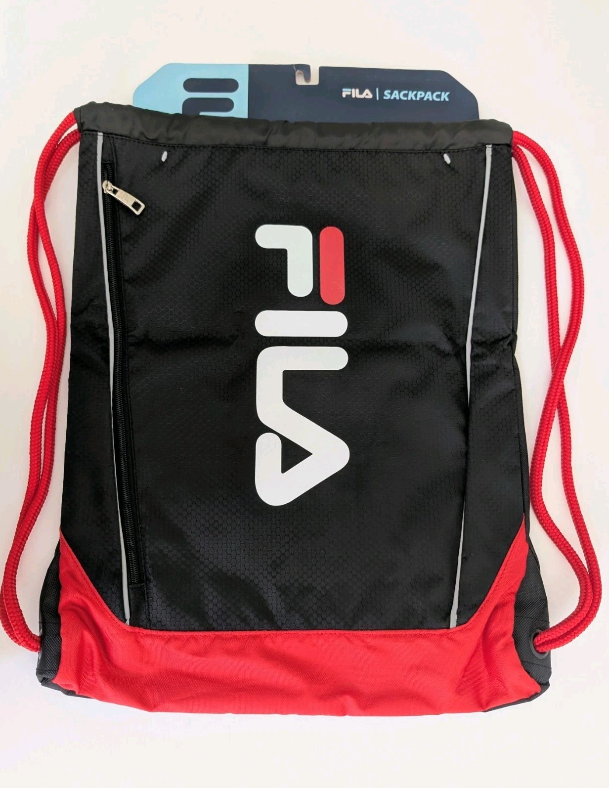 FILA Heavy Duty Drawstring Front Zip Sack Backpack Sports Gym Travel Black NWT