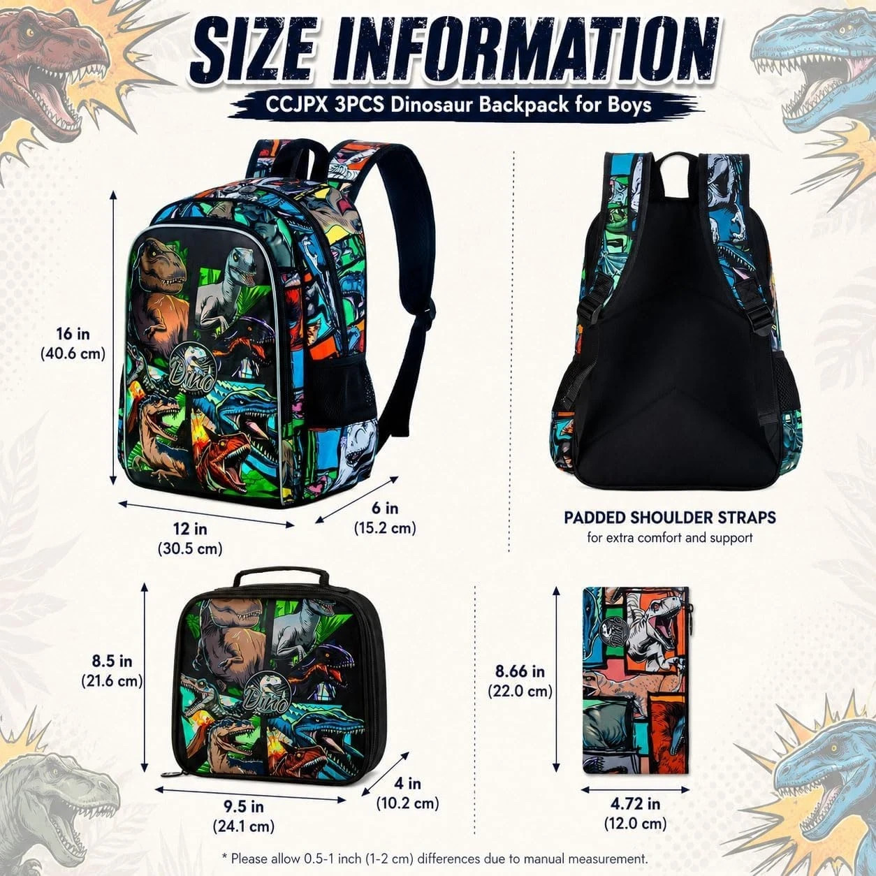 3PCS Dinosaur Backpack for Boys, 16 Inch Kids Water Resistant Preschool Elementa