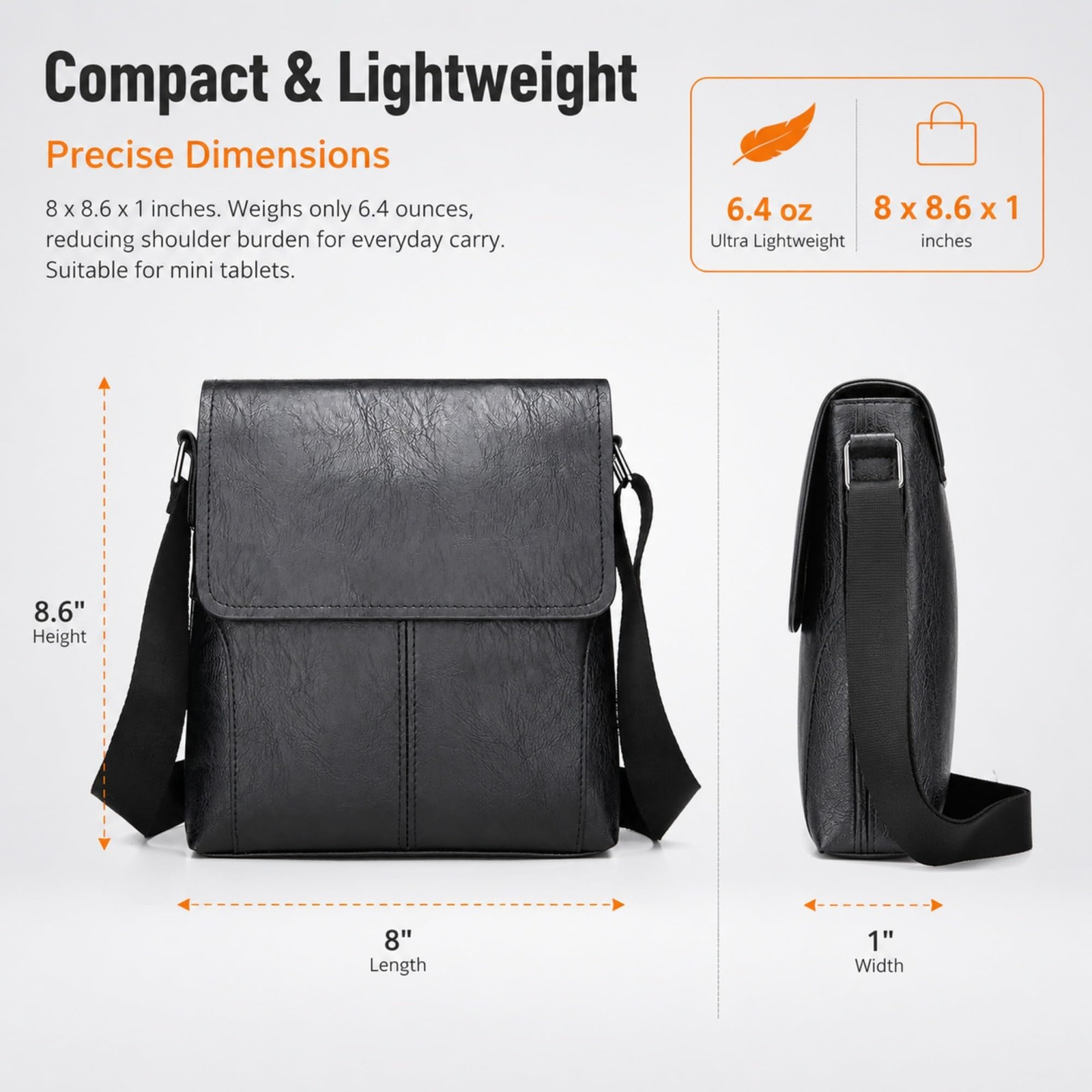 SHENGLAICAI Men Crossbody Bag Small PU Leather Messenger Medium, Black