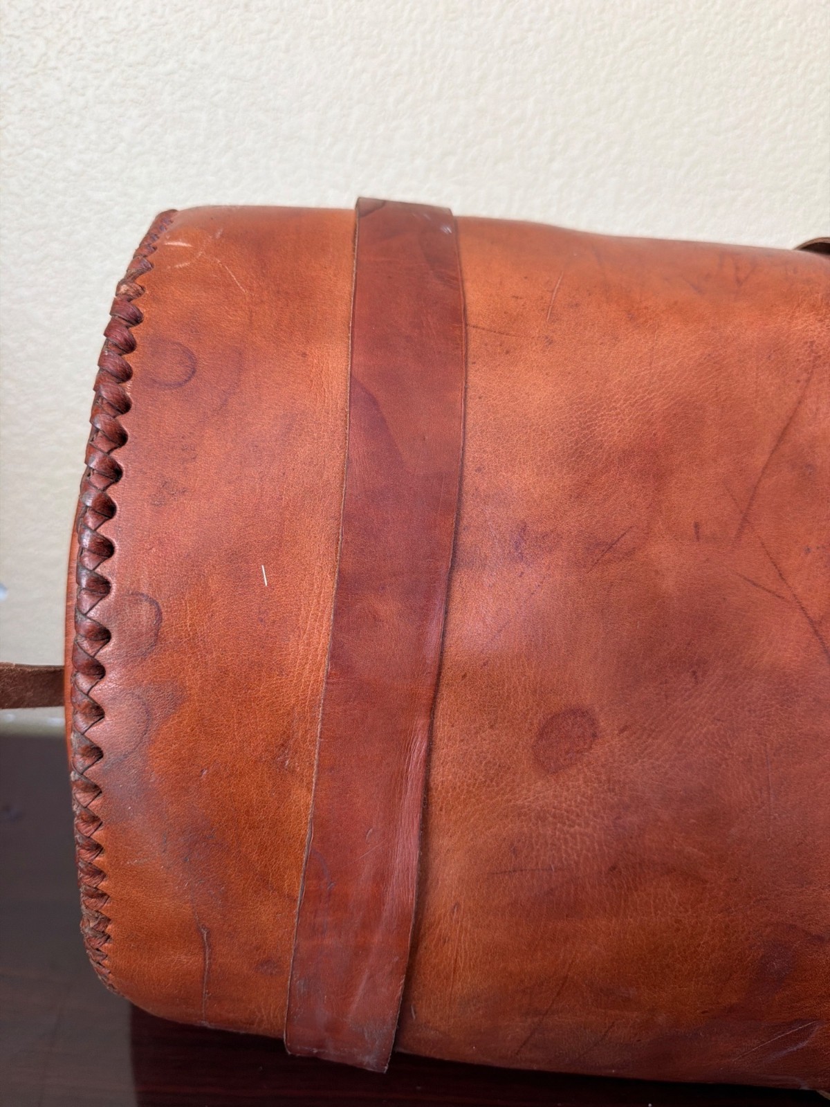 Vintage Handmade Full Grain Cognac Leather Duffel Barrel Travel Bag 20″