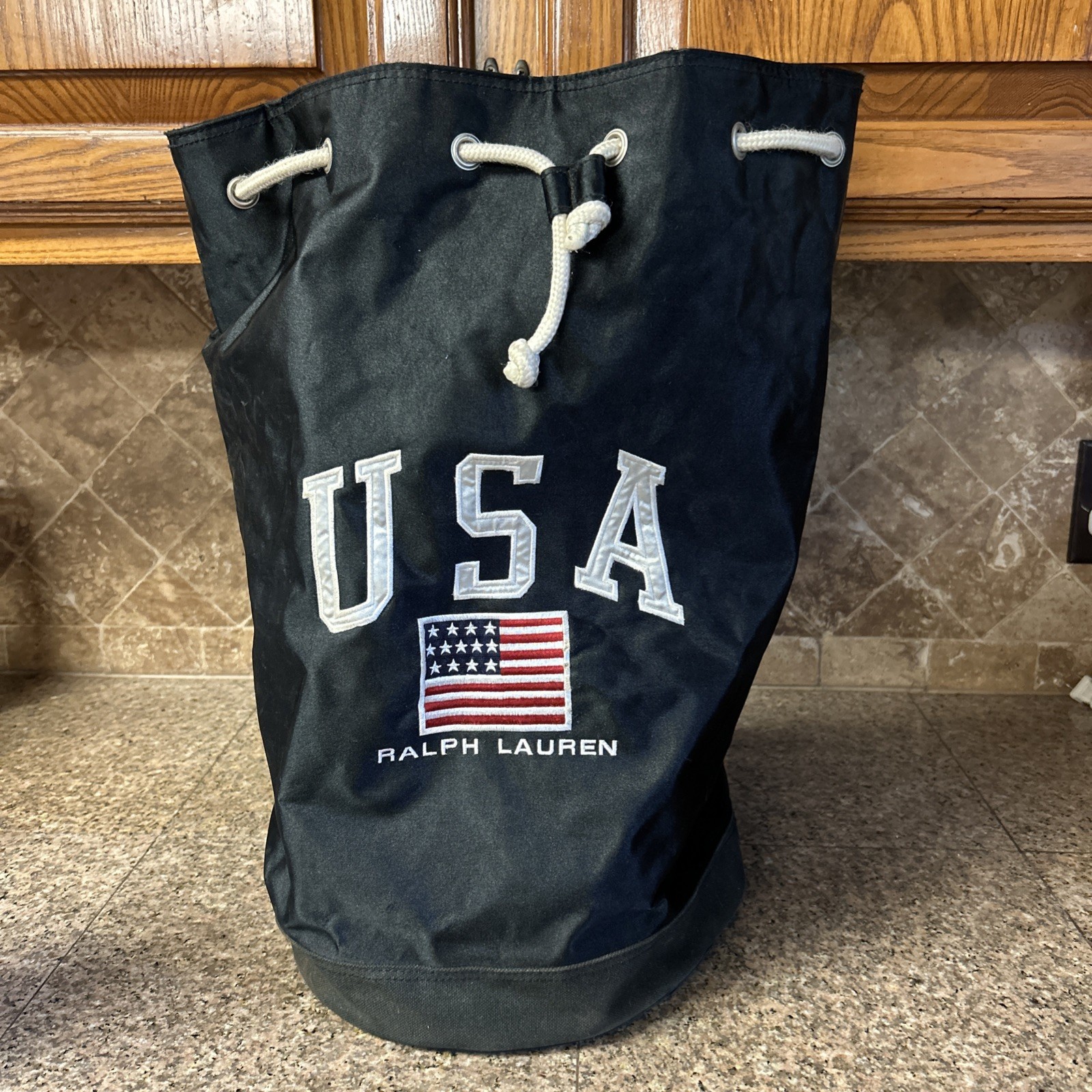 Vintage 90s Polo Sport Ralph Lauren Duffle Gym Back Heavy Embroidered USA Flag