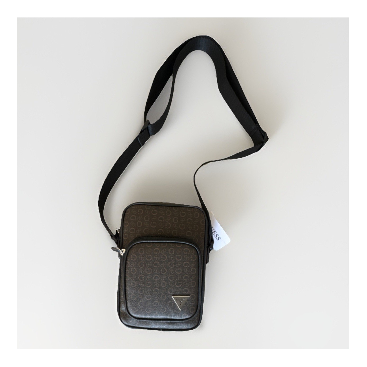 GUESS Men’s Brown Monogram Crossbody Bag Zip Closure Adjustable Strap