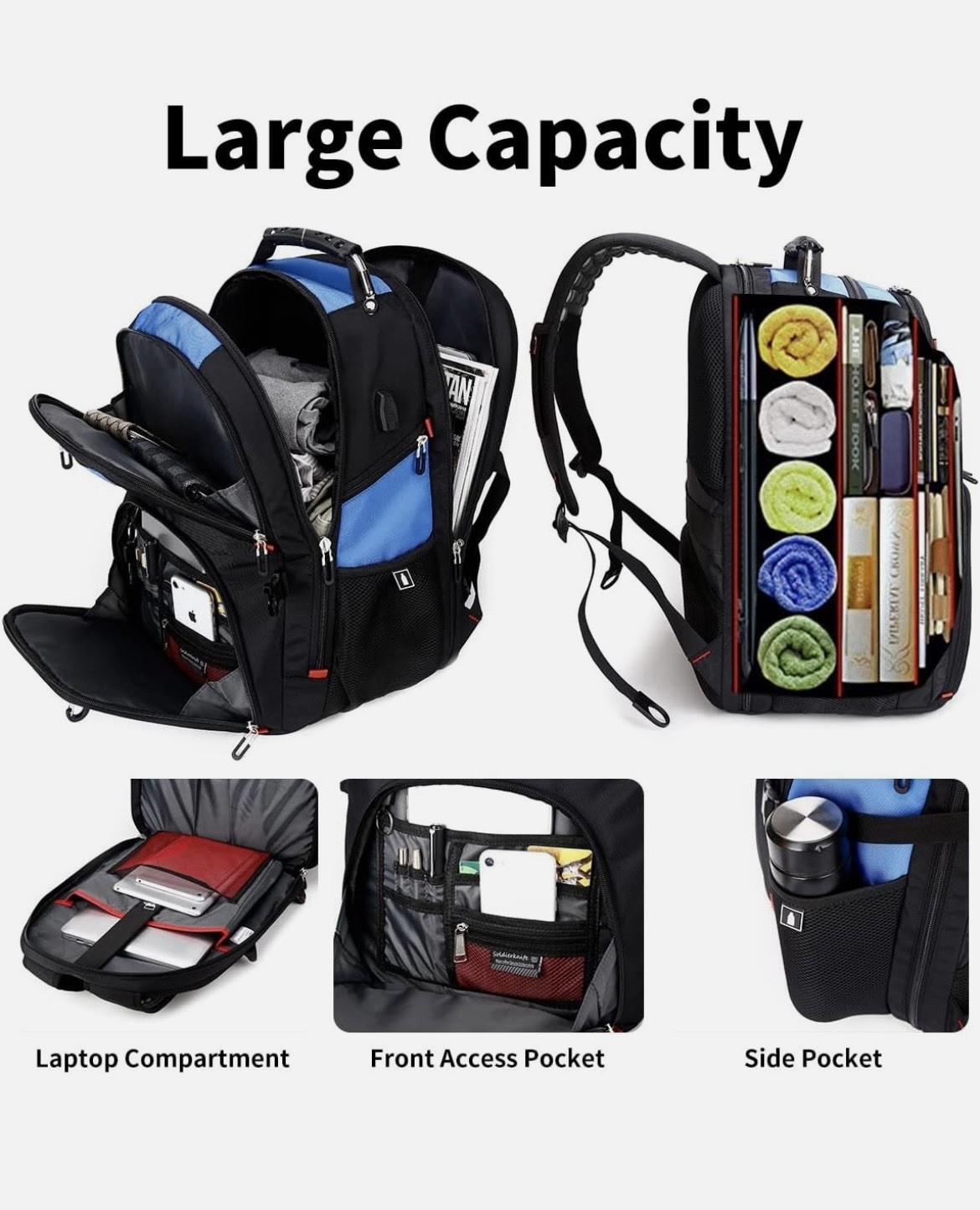 Soldier Knife Laptop Backpack Blue Black Travel School Bag Multi Pocket 18 inch