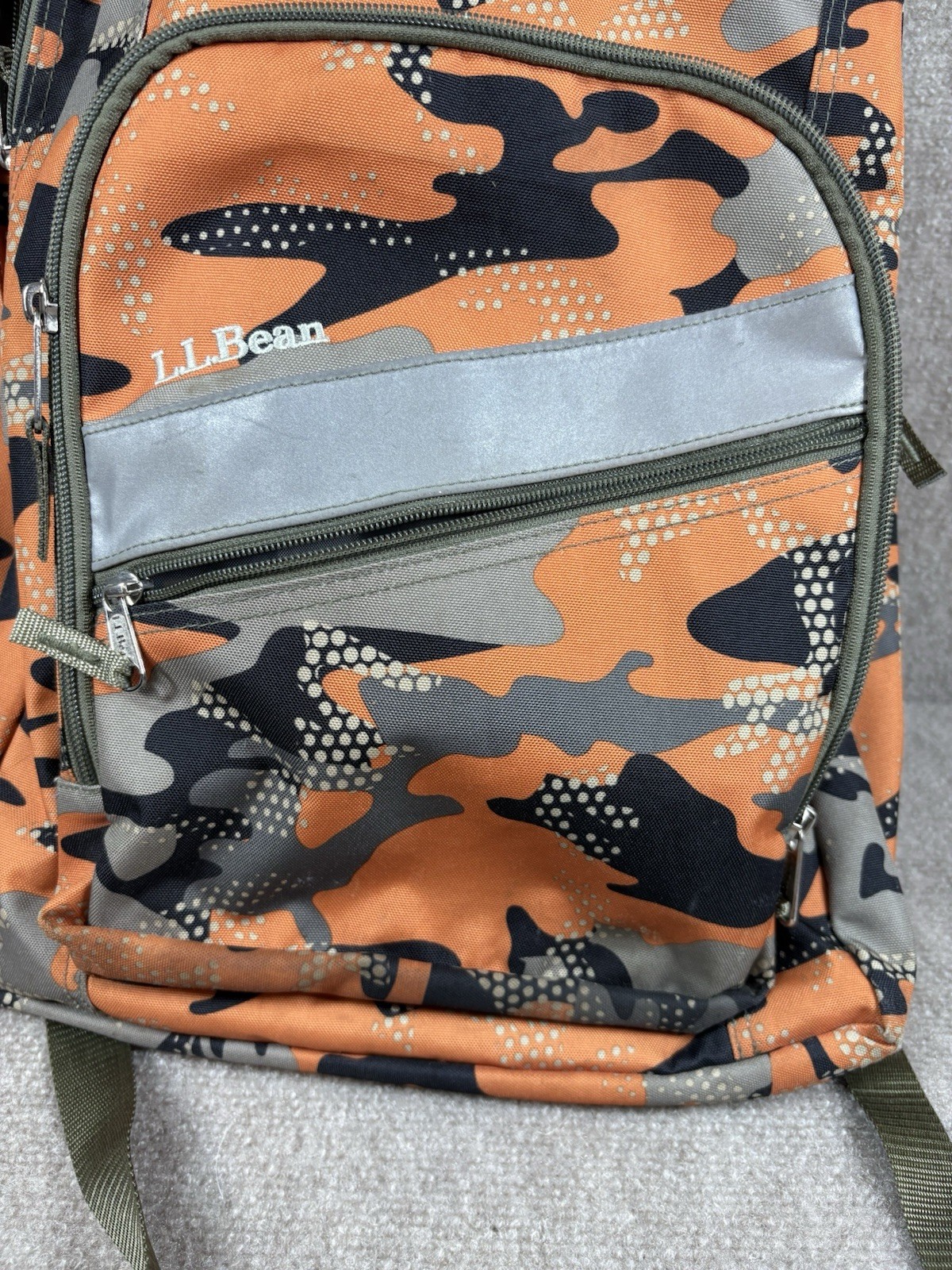 LL Bean Backpack Orange Grey Black Camo Reflective Outdoors School Item #236564