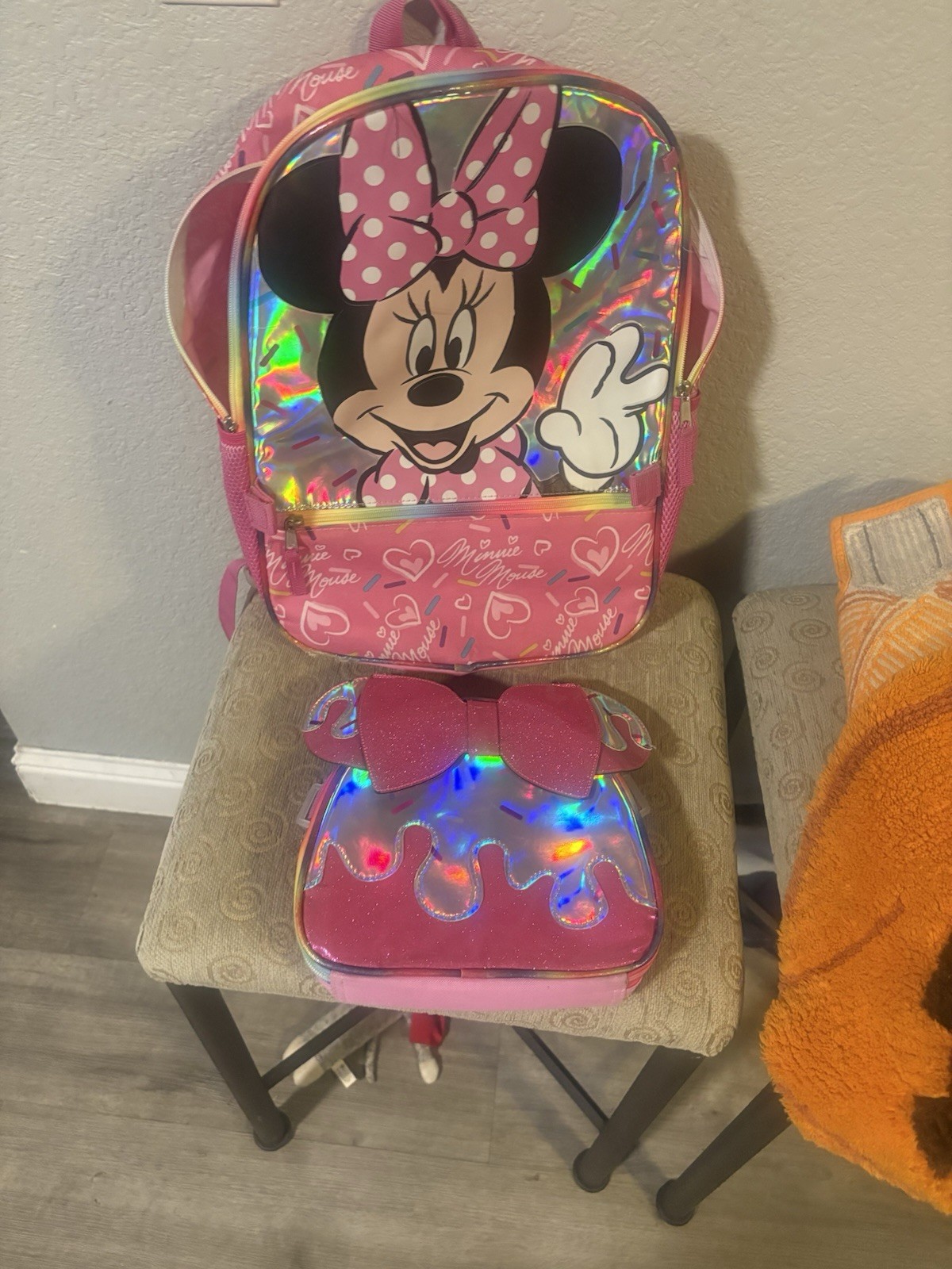 Walt Disney Minnie Mouse Pink 17″ Kids Girl School Bag Backpack Lunch Bag Lot