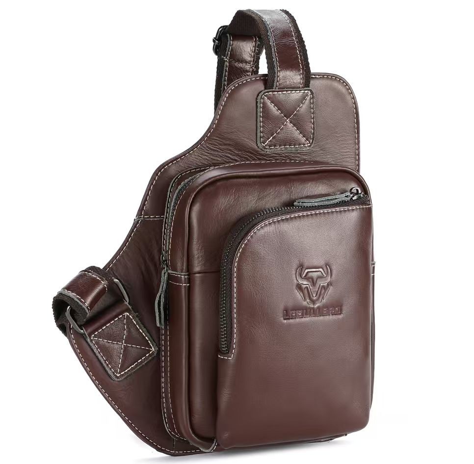 Men’s Genuine Leather Chest Sling Bag Multi-pocket Crossbody Shoulder Daypack
