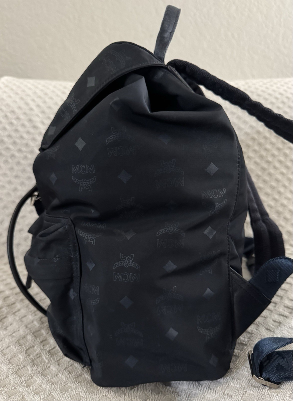 MCM Dieter Two Pocket Monogram Visetos Nylon Leather Flap Backpack Navy Blue Bag