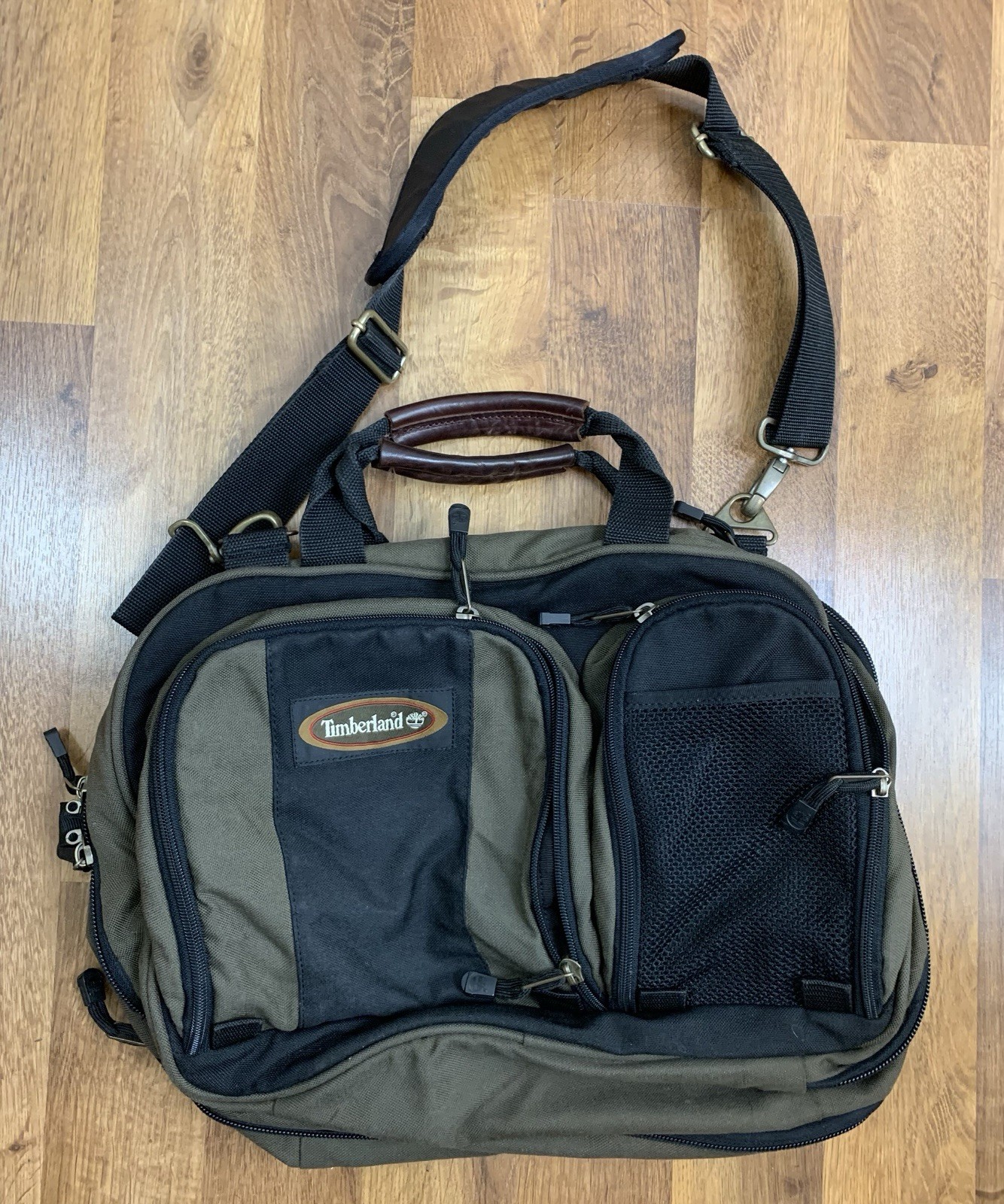 Timberland Canvas Messenger Bag Laptop Briefcase Green Black 14×17