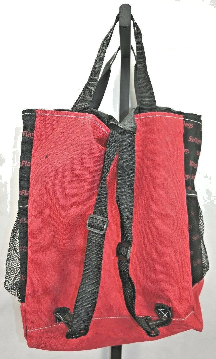 Vintage Six Flags Red & Black Tote Bag / Backpack Approximately 17″ X 14″
