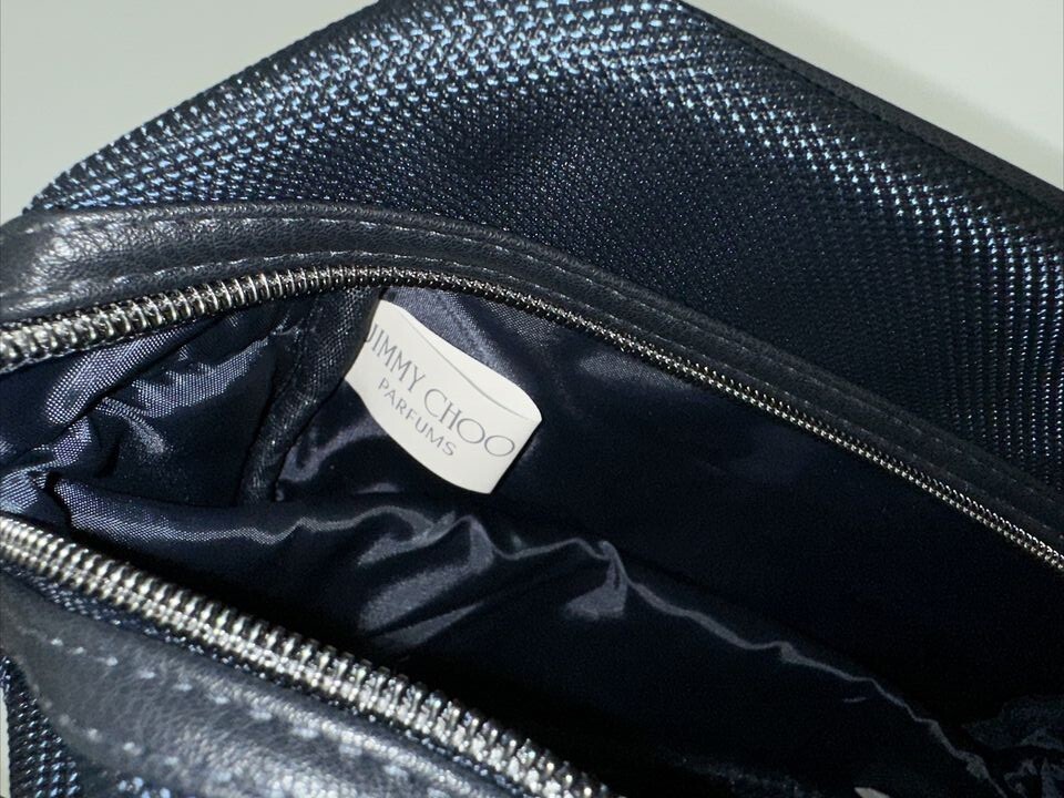 Jimmy Choo Navy Toiletry Shave Pouch Dopp Kit Makeup Bag Faux Leather Trim NWT