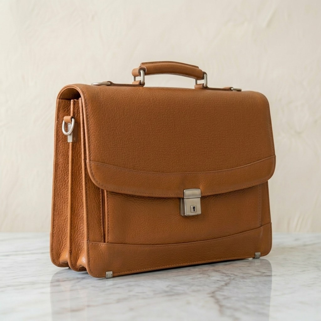 Tan Cognac Leather Briefcase Men Lock Clasp Professional Laptop Work Bag Satchel