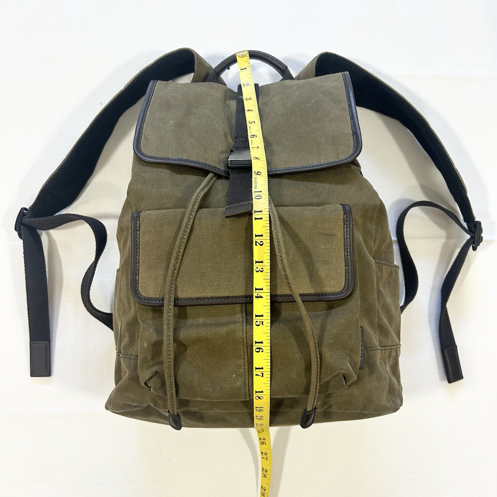 Fossil Buckner Canvas Olive/Khaki Brown Faux Leather Trim Rucksack Backpack Bag