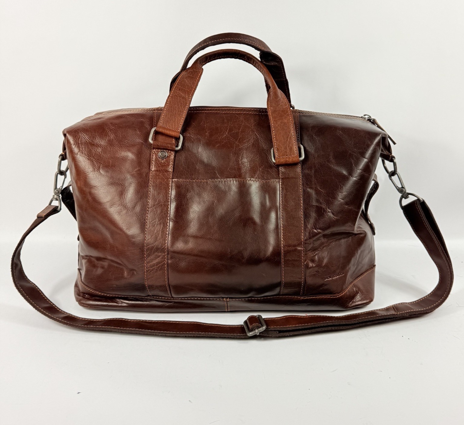Jack Georges Brown Voyager Duffle Bag Genuine Leather Excellent w Strap USED