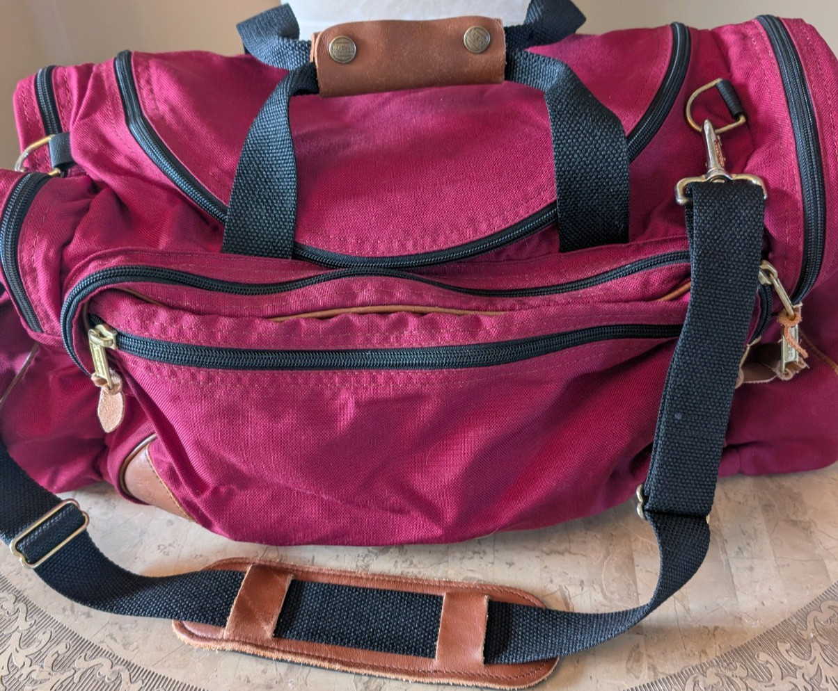 Vintage LLBean Canvas/Leather Red Canvas Shoulder Handle Travel Duffle Bag 24″