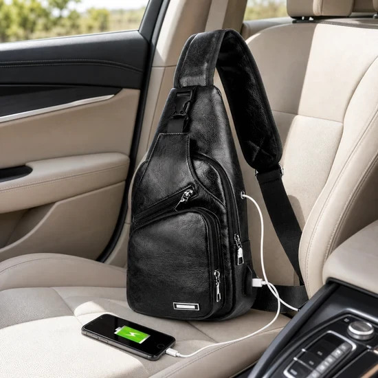 Black Chest Crossbody Bag Sling Backpack for Men with USB Charge Port Hole