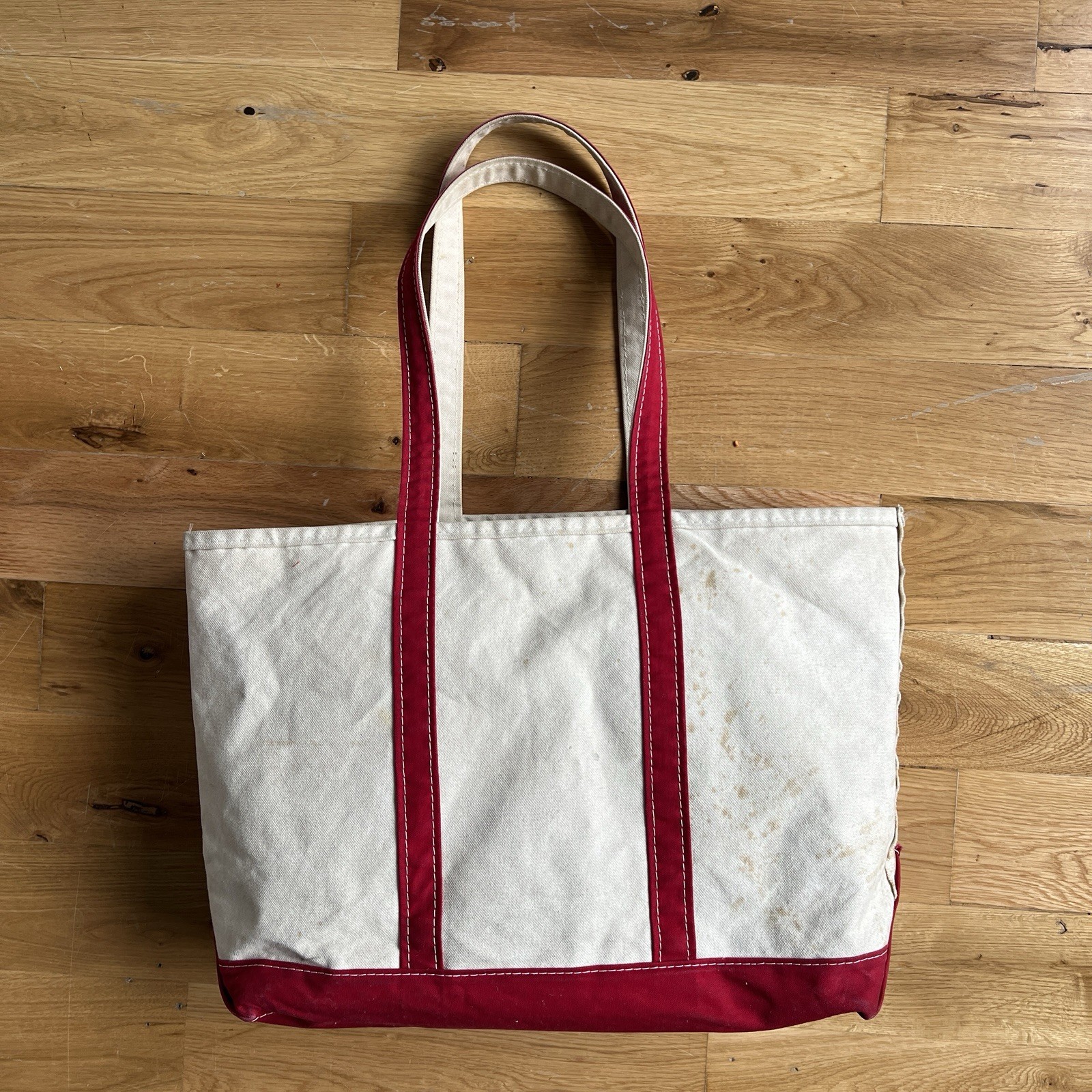 Vintage 90’s 00’s LL Bean Boat and Tote Bag Large Ivory Red Canvas USA Stained
