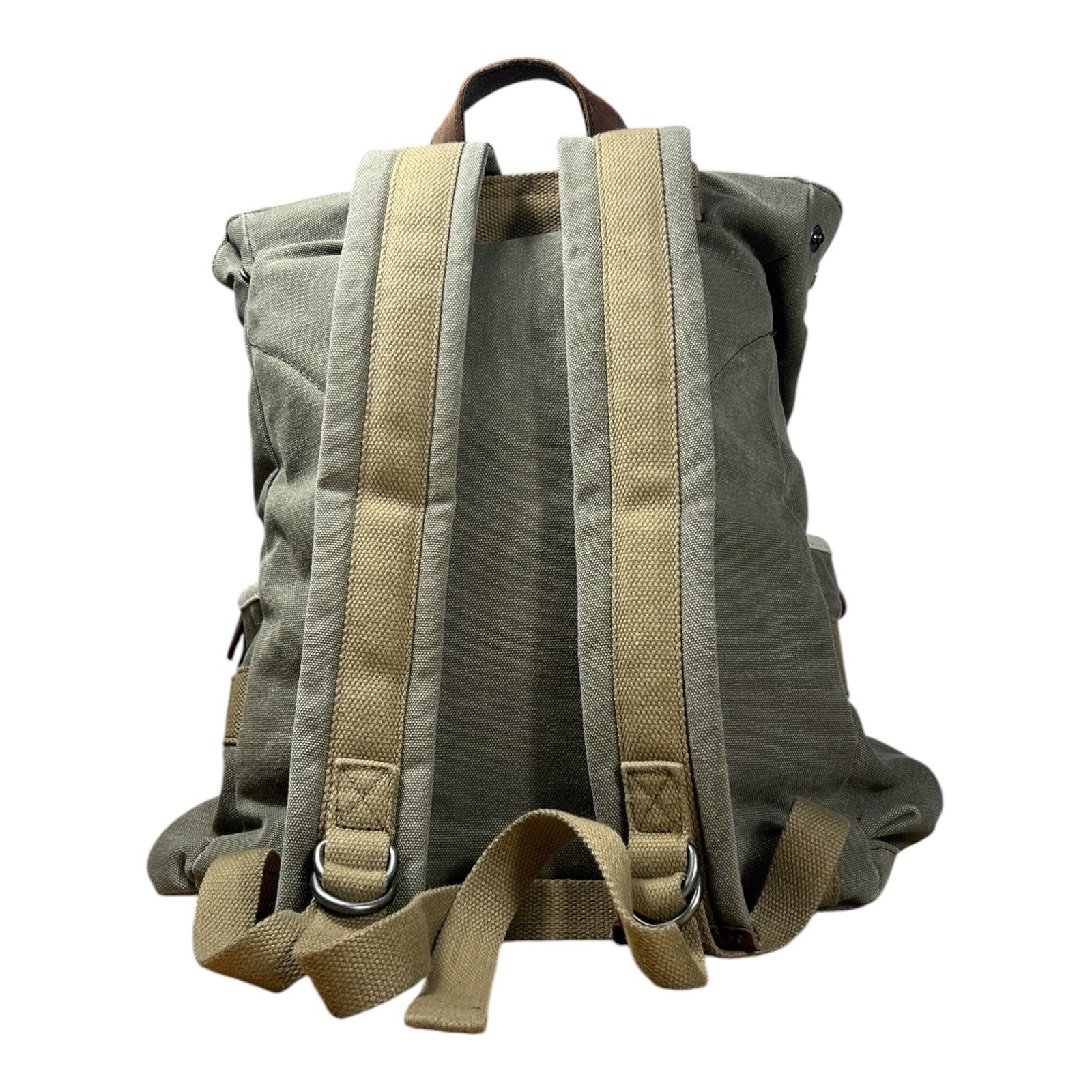Suvom Canvas Leather Trim Rolltop Backpack Olive Khaki Two-Tone EUC