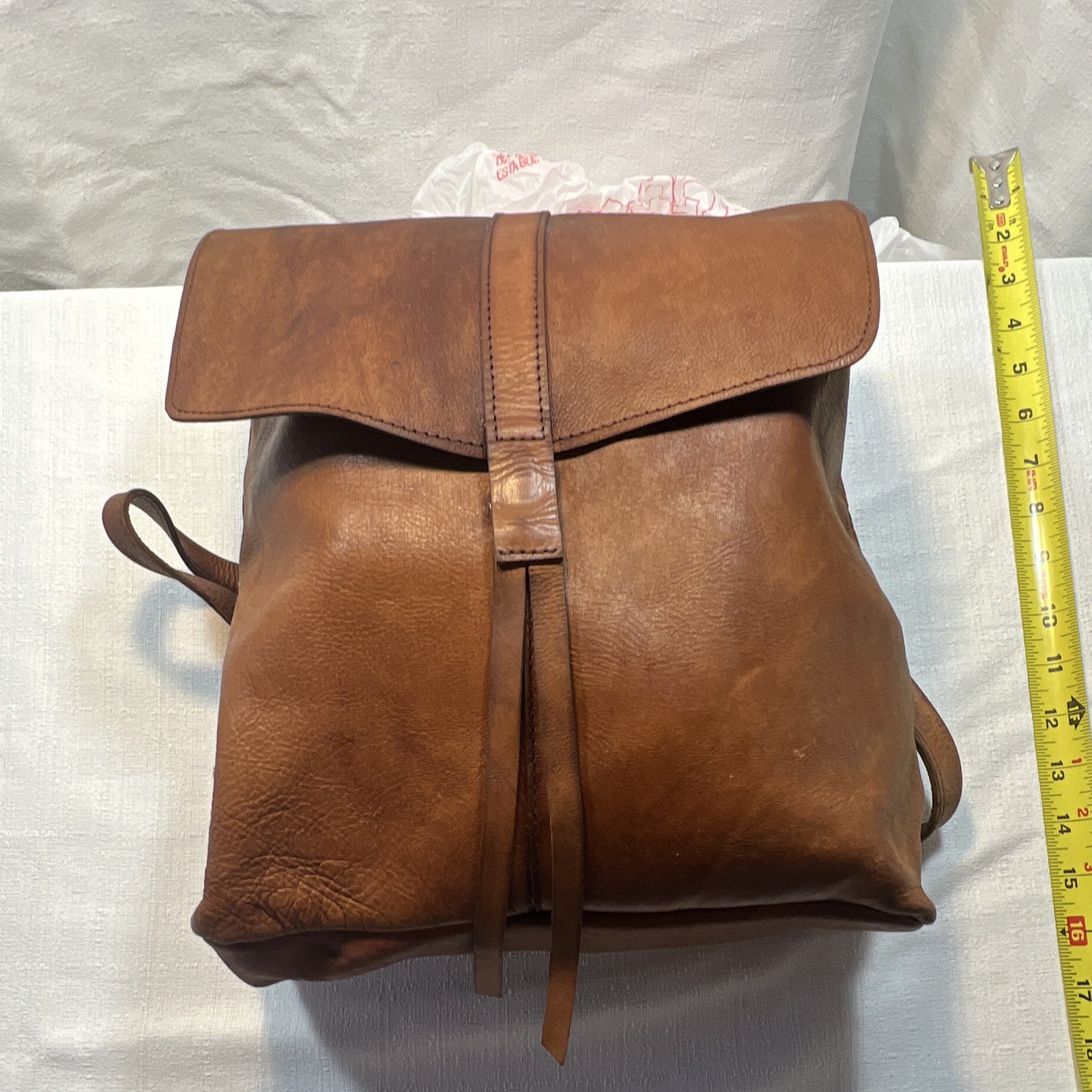 Raven + Lily Handmade Leather Foldover Backpack, Cognac Brown, 12″x9″x4″