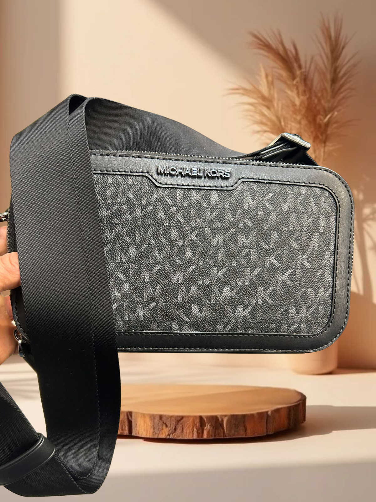 Michael Kors Cooper Men Signature Logo Double Zip Long Crossbody Bag Black