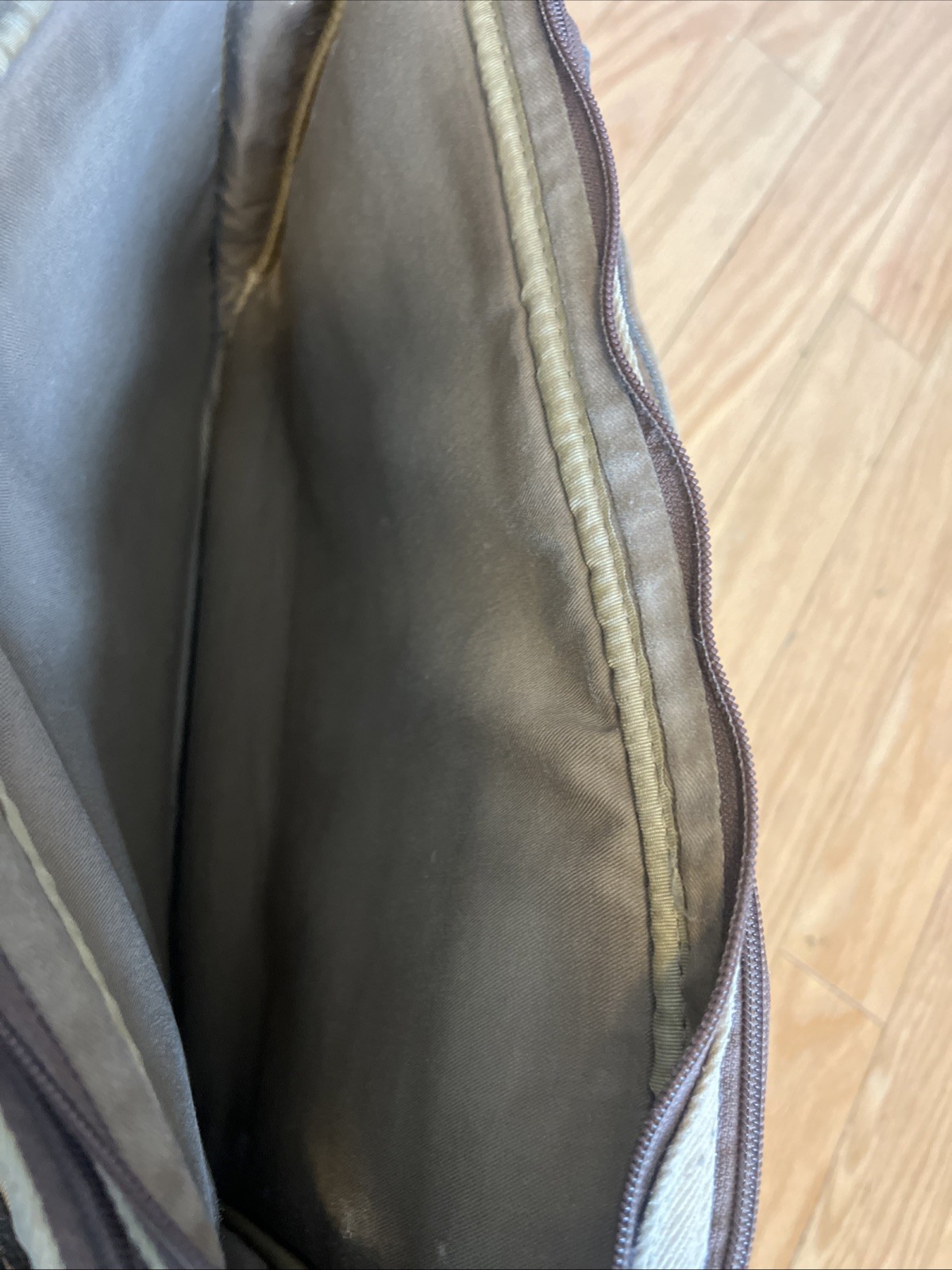 LL Bean Canvas Messenger Crossbody Bag Push Lock Leather Trim Tan Brown